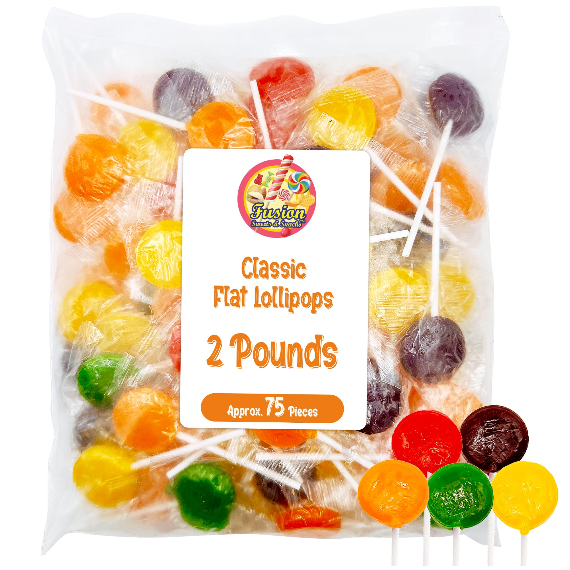 Lollipops Individually Wrapped - 2 Pound (About 75 pcs.) Bulk Suckers for Kids - Classic Lollipops Bulk Flats -5 Assorted Fruit Flavors - Holiday
