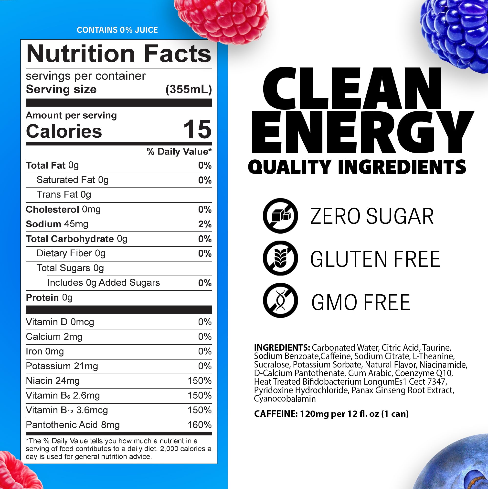 Liquid Ice Energy Drink - Zero Sugar, With Postbiotics For Gut-Health, Natural Caffeine, 120mg Caffeine, L- Theanine, Antioxidant Support, Clean