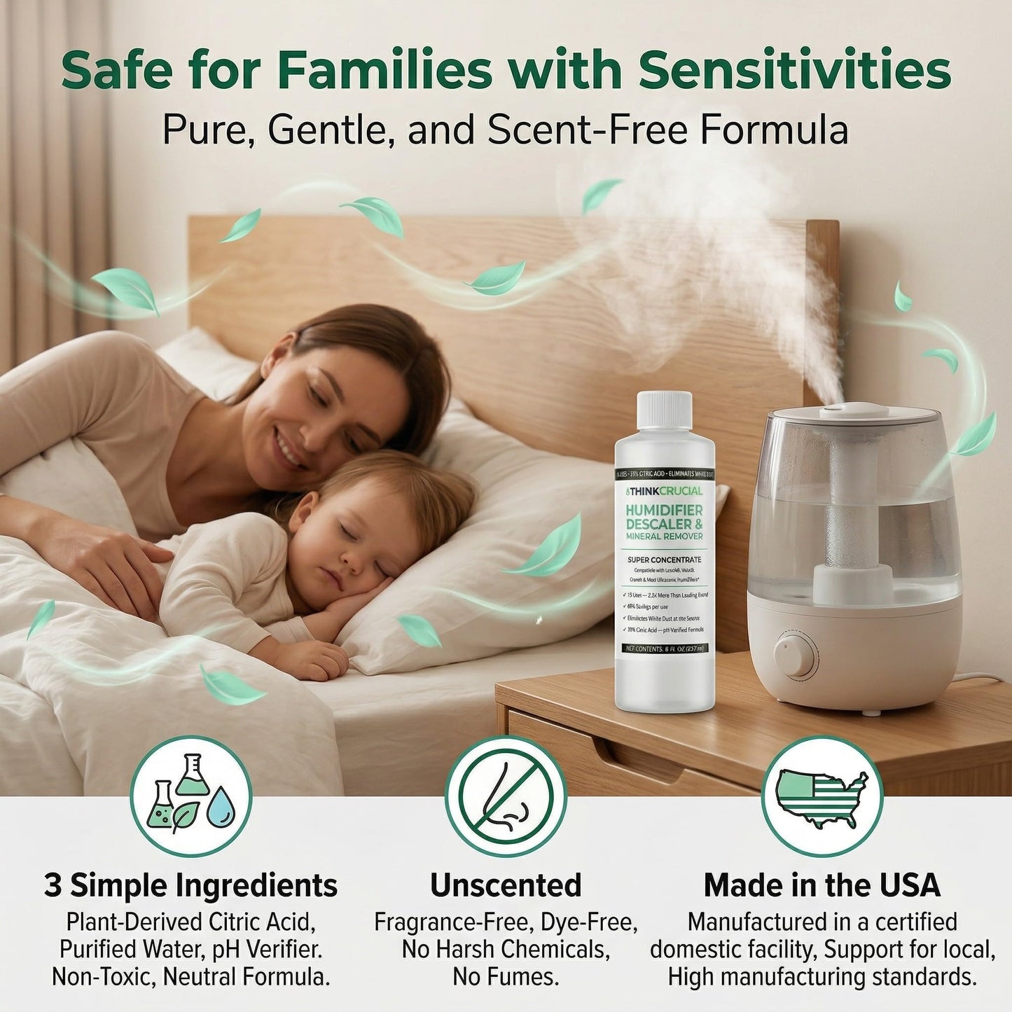 Think Crucial Humidifier Descaler - Clears White Dust - 15 Uses - Compatible with Levoit, Vicks, Crane - 8 fl oz