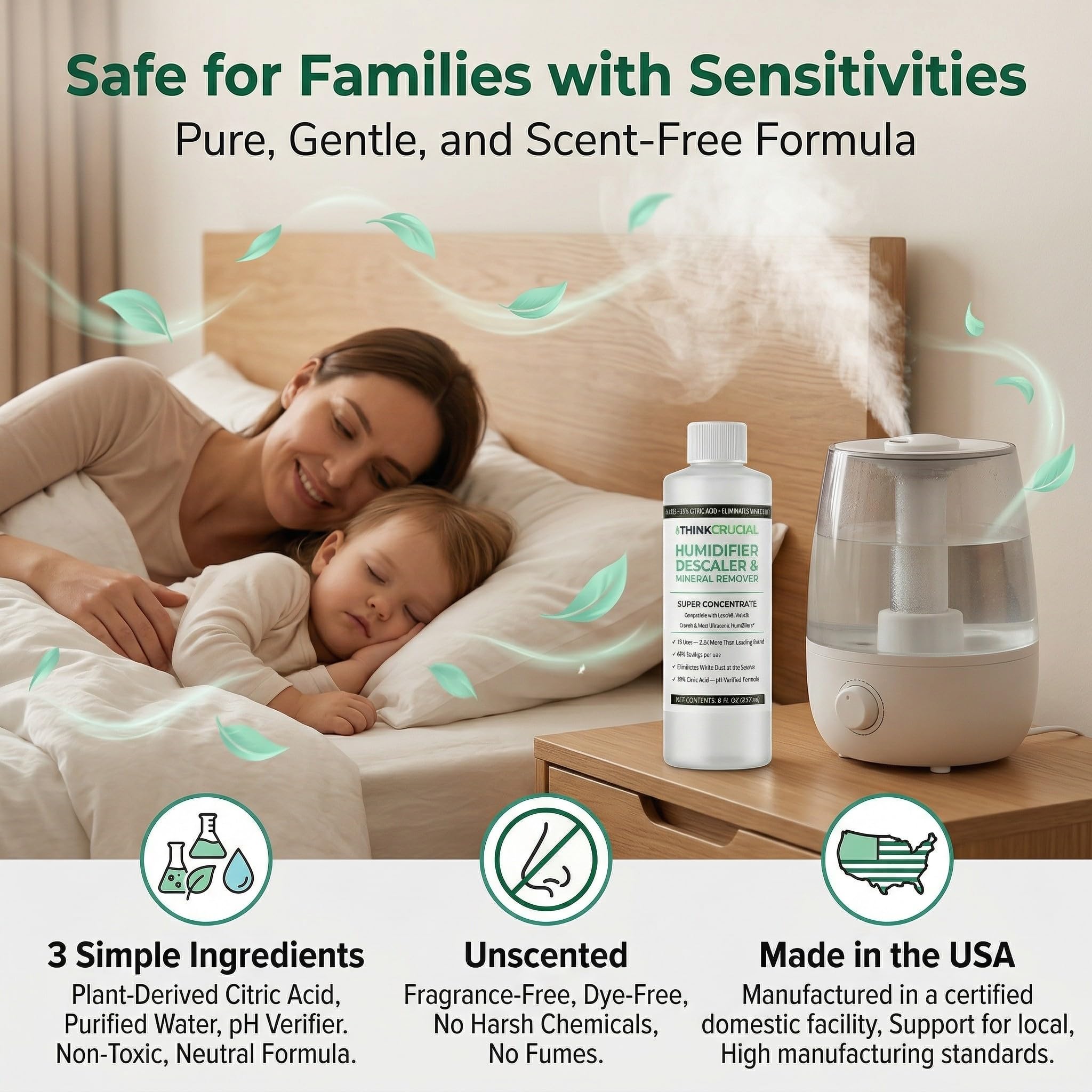 Think Crucial Humidifier Descaler - Clears White Dust - 15 Uses - Compatible with Levoit, Vicks, Crane - 8 fl oz