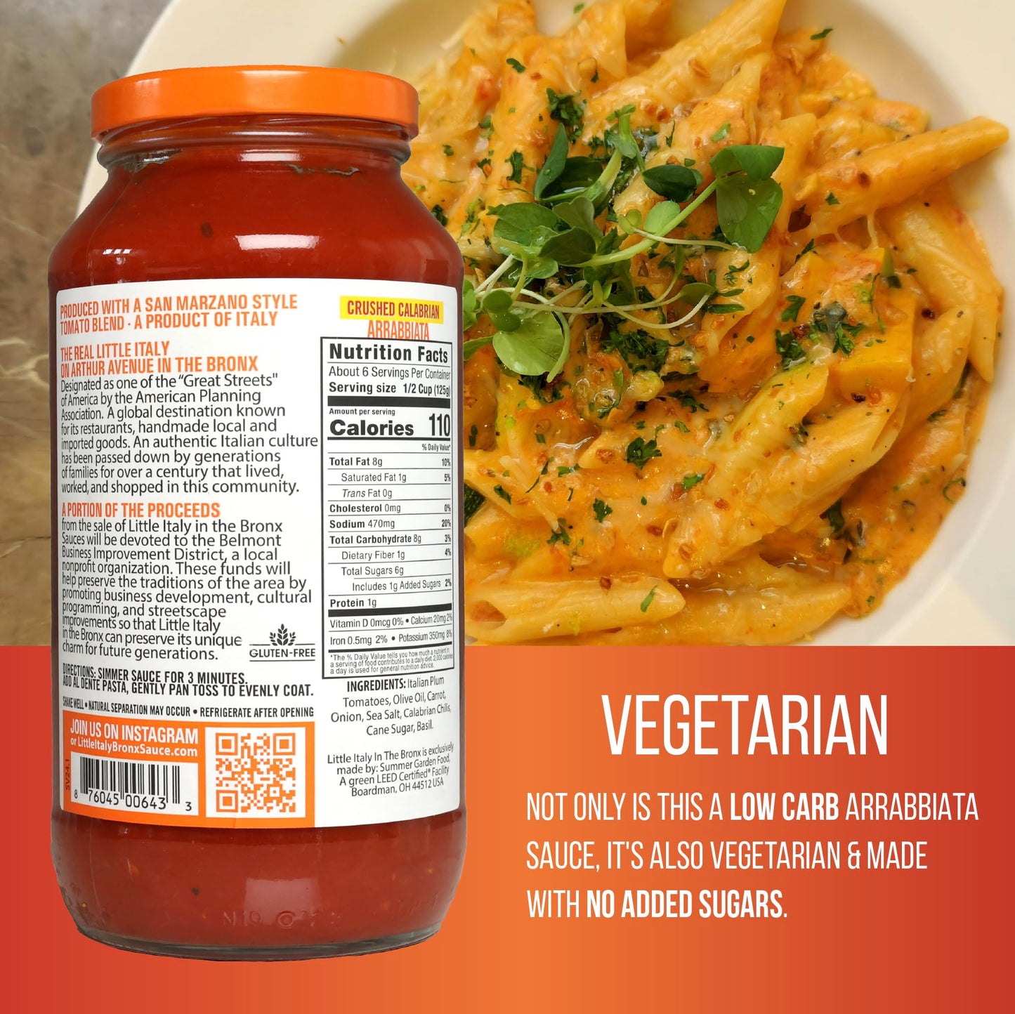 Little Italy Bronx Arrabbiata Sauce - Pasta Sauce, Spaghetti Sauce, Tomato Sauce, Low Carb Pasta & Pizza Spicy Marinara, No Added Sugar - 24 Oz