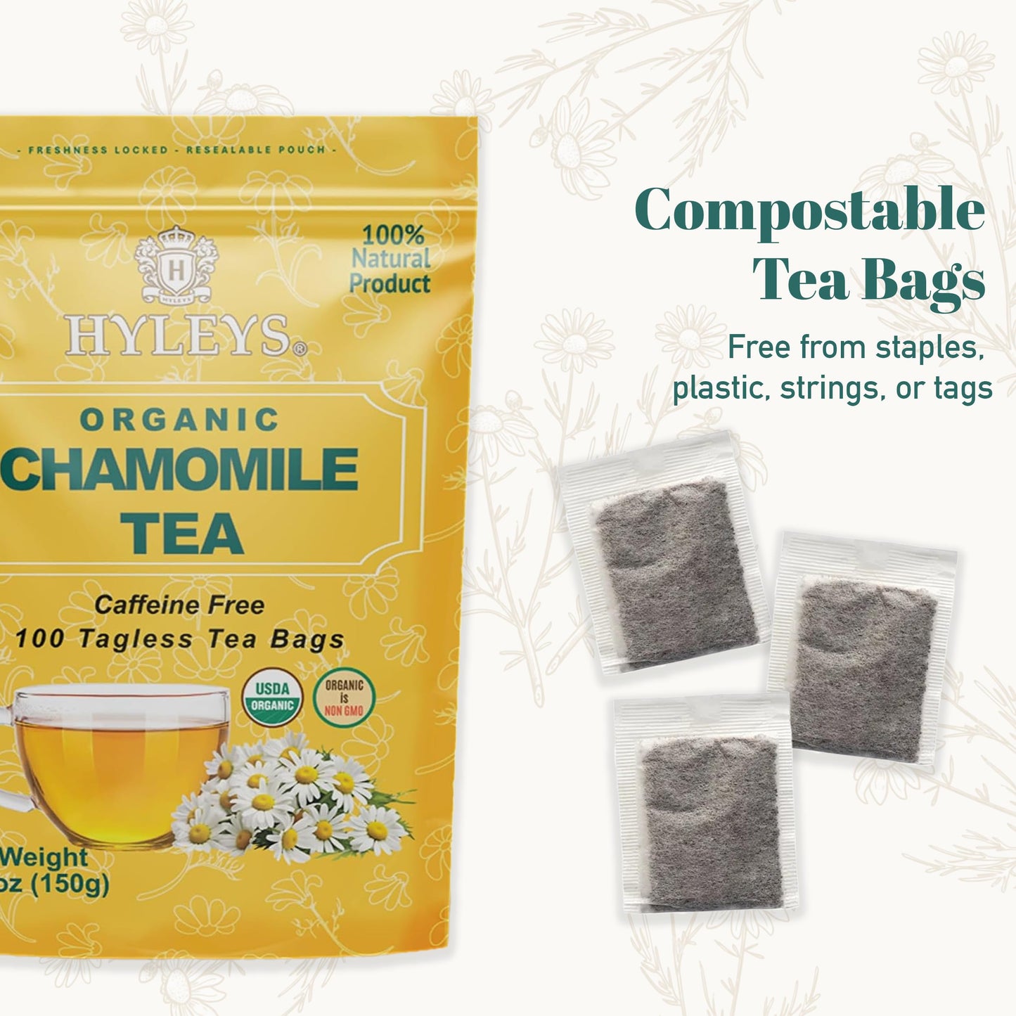 Hyleys Chamomile Tea Organic - 100 Tea Bags - Caffeine Free Herbal Tea