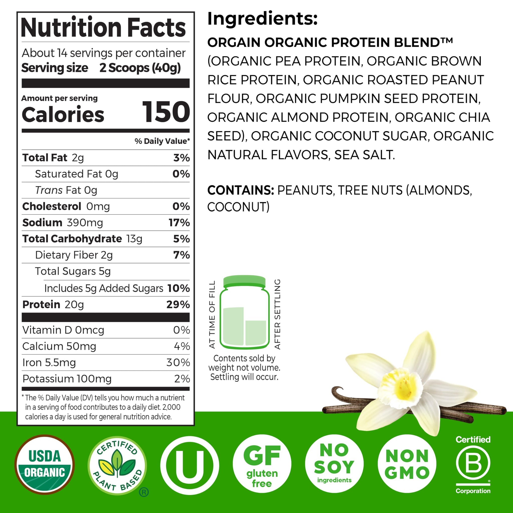 Orgain Organic Simple Vegan Protein Powder, Vanilla - 20g Plant Based Protein, Made with less Ingredients, No Artificial Sweeteners, Gluten Free, No