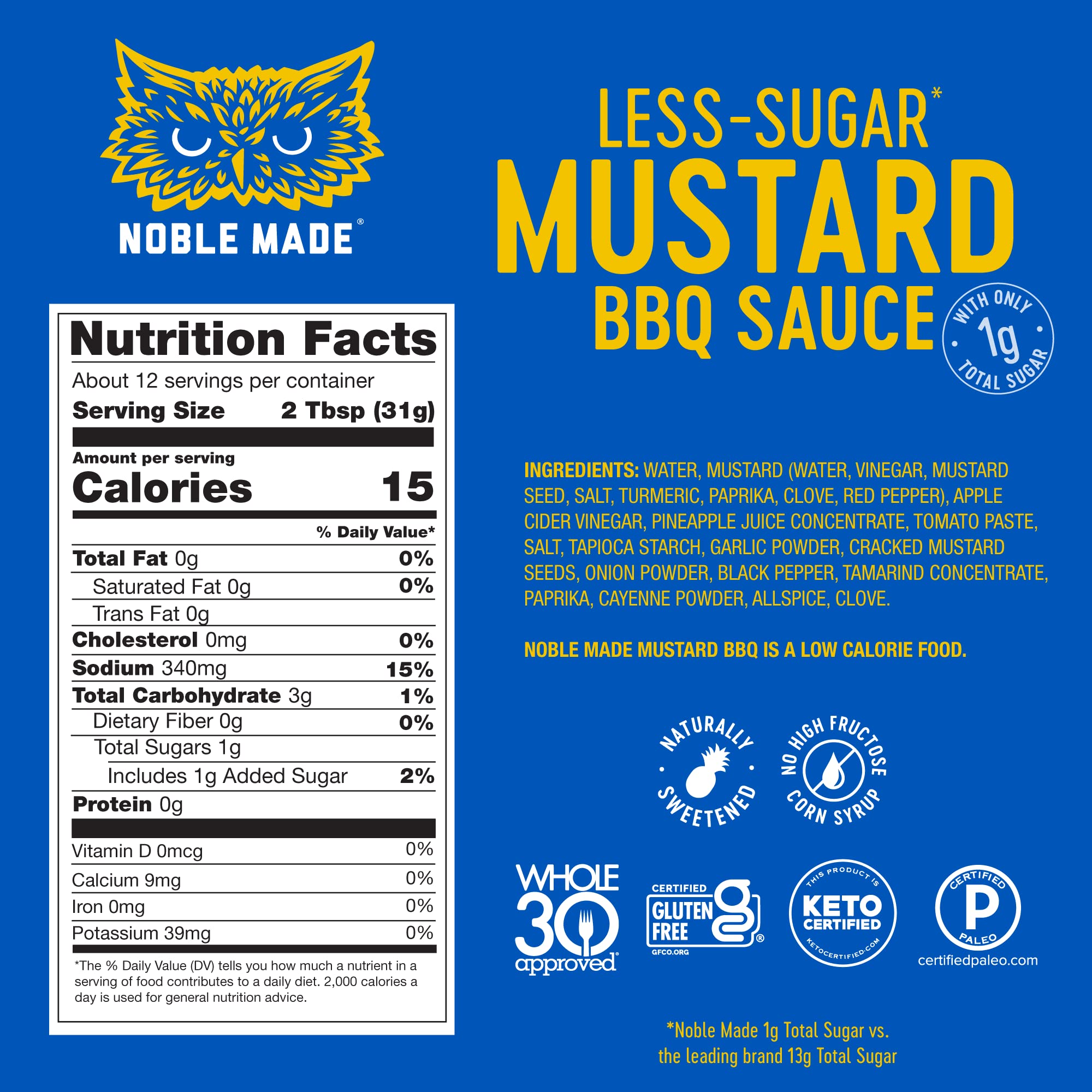 Noble Made by The New Primal, Mustard BBQ Sauce, Whole30 Approved, Paleo, Gluten Free, Keto, Low Carb, Low Calorie, Dairy and Soy Free, Glass Bottle