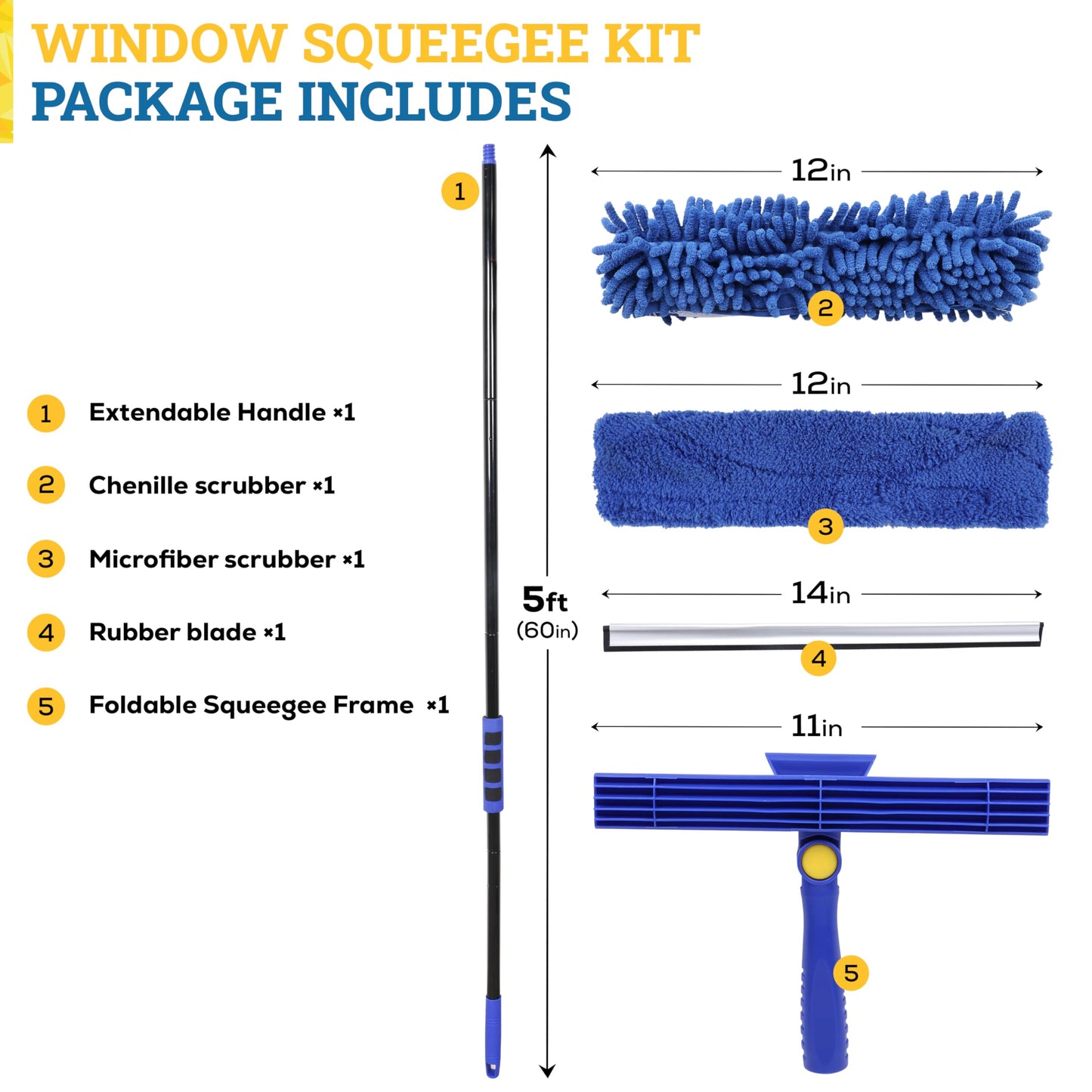Kleen Handler 2-in-1 Window Squeegee with 60” Extendable Pole, Rotatable Glass Cleaner Tool for Commercial and Residential Use, 2 Reusable Sleeves