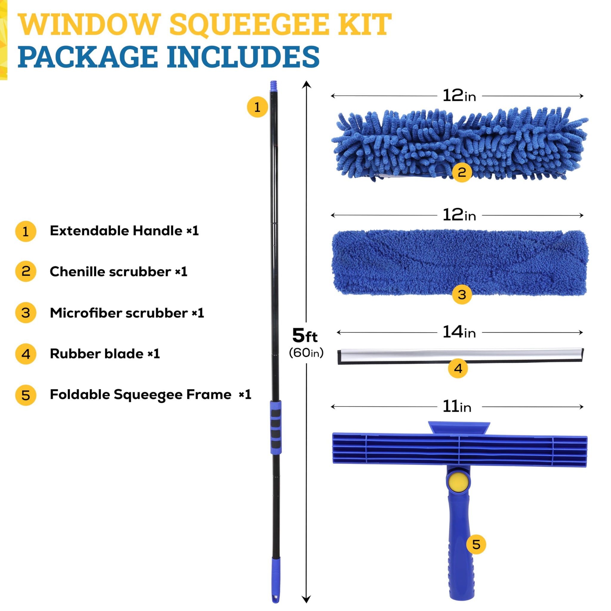 Kleen Handler 2-in-1 Window Squeegee with 60” Extendable Pole, Rotatable Glass Cleaner Tool for Commercial and Residential Use, 2 Reusable Sleeves