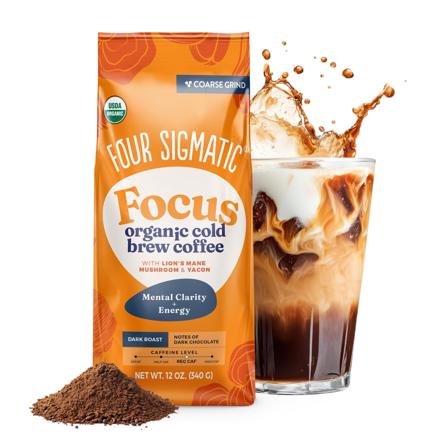 Four Sigmatic Organic Cold Brew Coffee Grounds | Dark Roast, Coarse Grounds with Lion's Mane and Chaga | Cold Brew Mushroom Coffee for Crash-Free