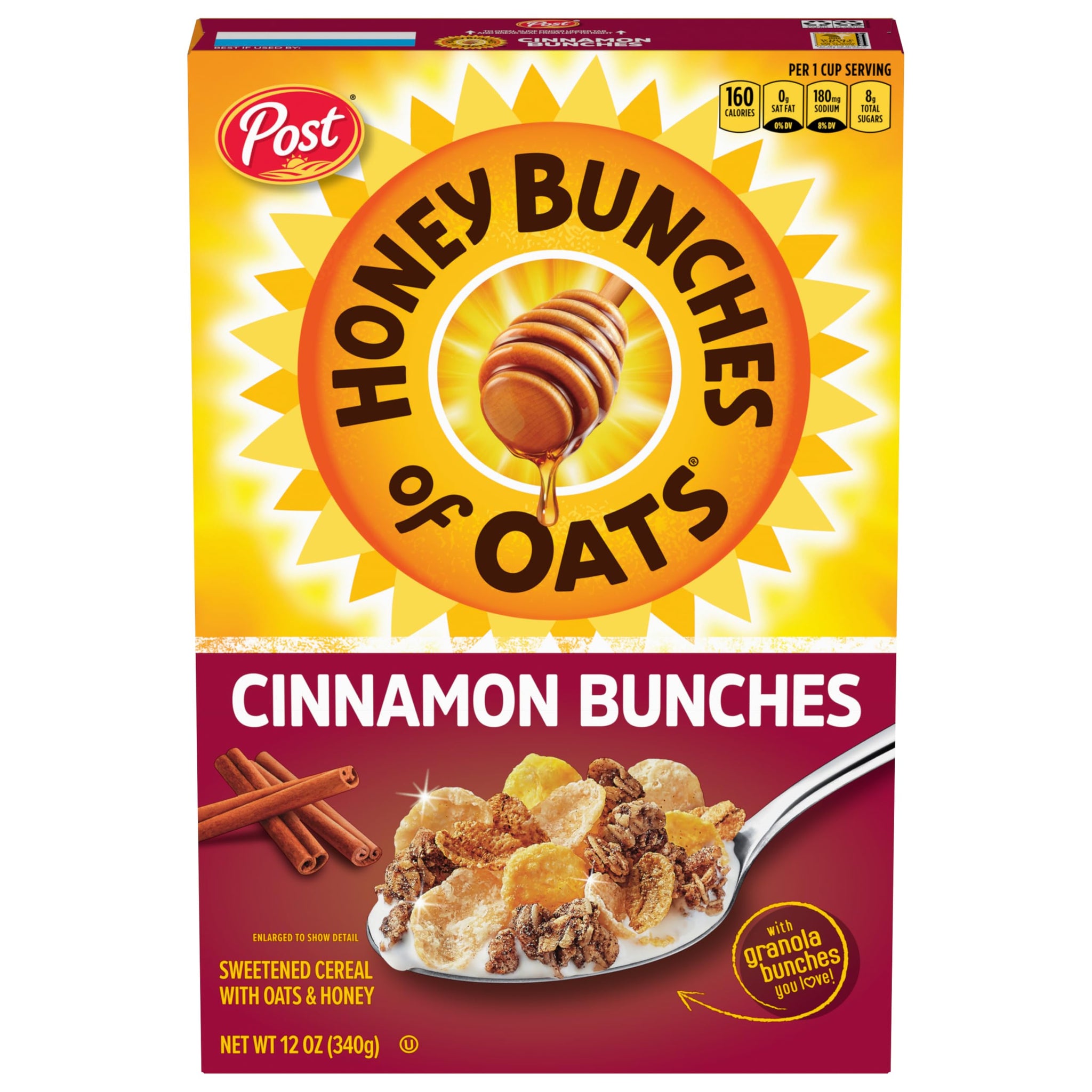 Honey Bunches of Oats Cinnamon Cereal, Breakfast Cereal with Oats and Granola Clusters, 12 oz Box