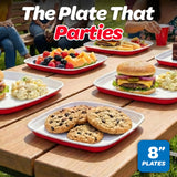 GoBig Red Plastic Disposable Plates - 50 Count 8 Inch - Square Heavy Duty Red Cup Party Plates