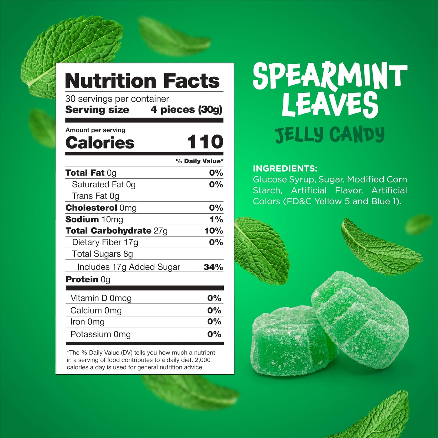 Spearmint Leaves Candy -Green Candy - 2 Pound Bulk Bag - Spearmint Candies with Soft Chewy Texture - Mint Jelly - Green Gummies - Classic Leaf Shaped