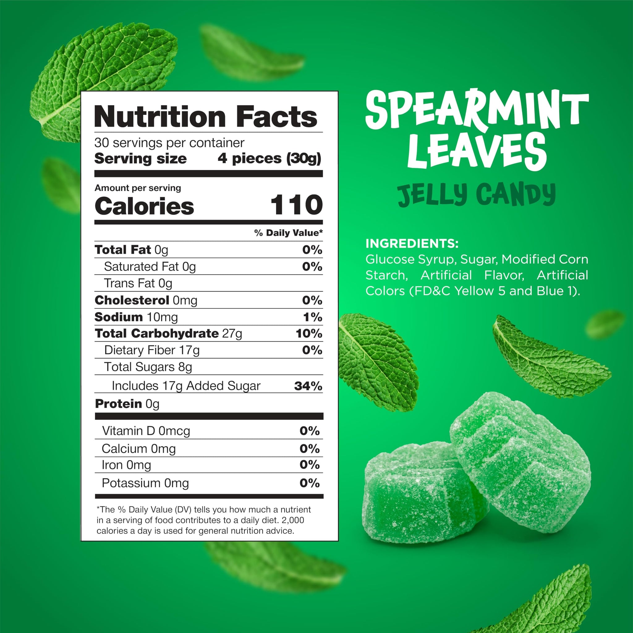 Spearmint Leaves Candy -Green Candy - 2 Pound Bulk Bag - Spearmint Candies with Soft Chewy Texture - Mint Jelly - Green Gummies - Classic Leaf Shaped