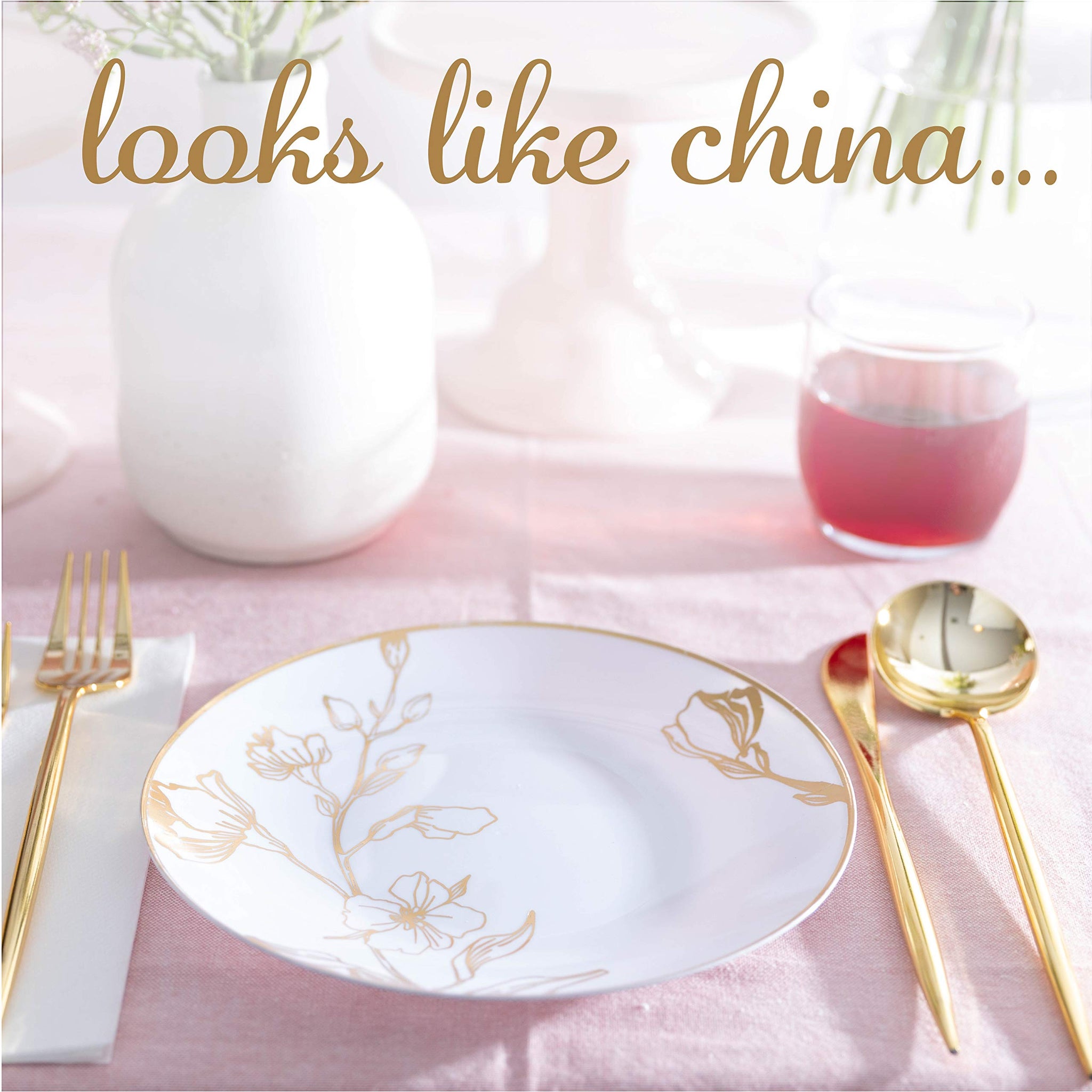 [7'' Plates 40 Count] White Plastic Floral Design Party Plates With Gold Rim Premium heavyweight Elegant Disposable Tableware Dishes