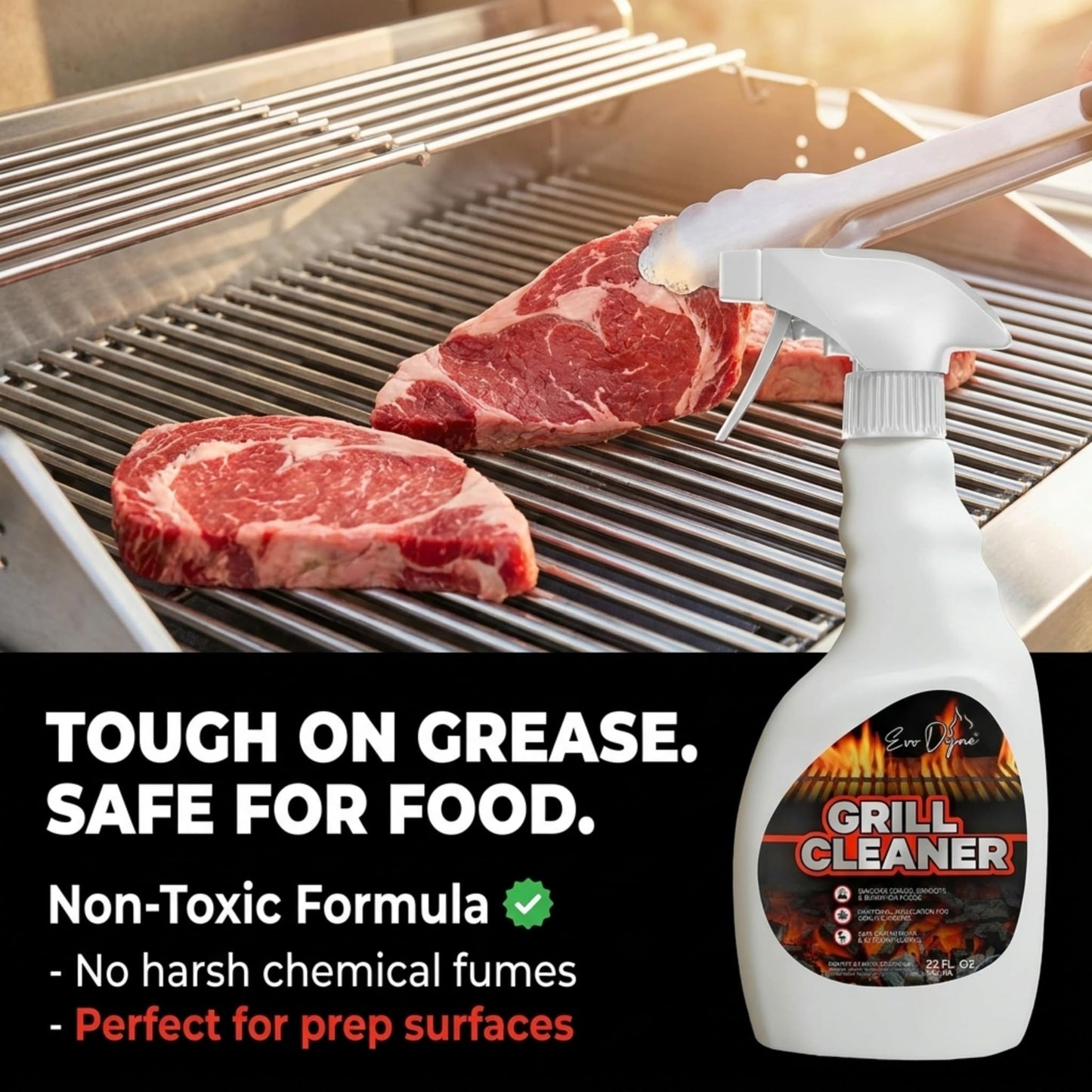 Evo Dyne Grill Cleaner Spray (32 oz), Made in USA - Quickly Cleans BBQ Burnt-on Foods and Grease from Grill Grates - Heavy Duty, Fast-Acting Formula
