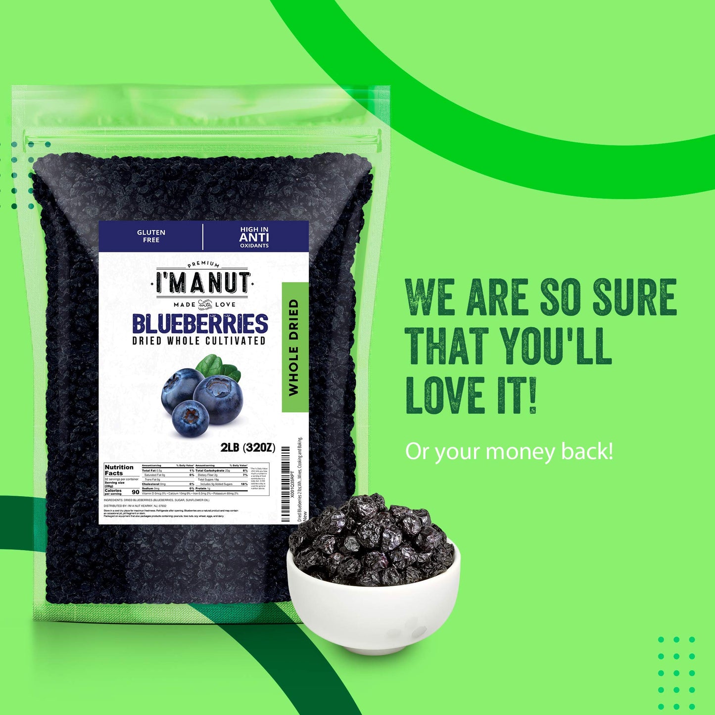 Dried Blueberries 2 lb (32 oz) - Gluten-Free & Peanut-Free, Slightly Sweetened - Great for Baking & Snacking - Berries with Benefits