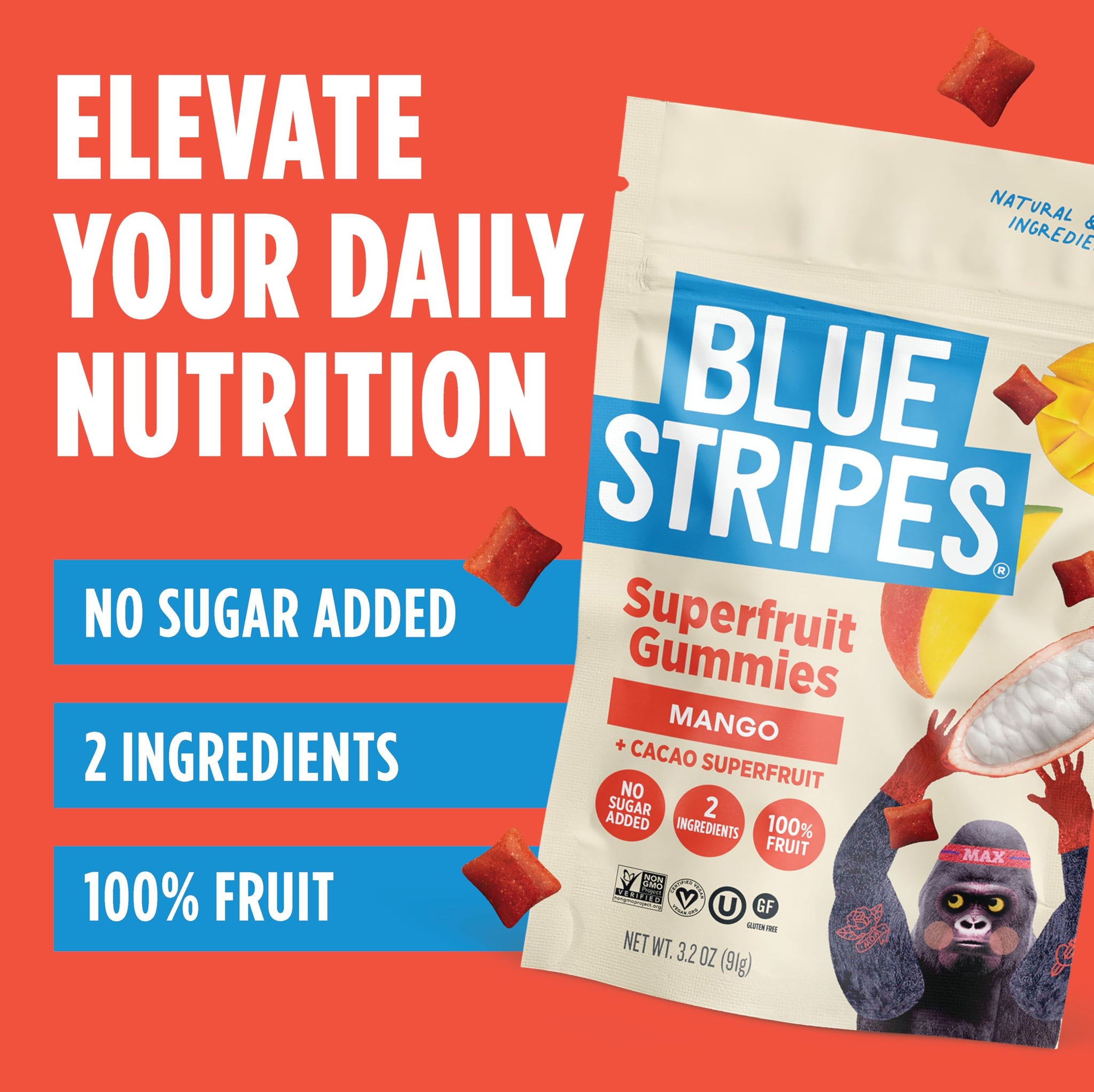 Blue Stripes Cacao Fruit Gummies Variety Pack - Fruit Snacks for Kids and Adult | No Sugar Added | Gluten Free, Vegan Chewy Superfruit Gummy | Mango