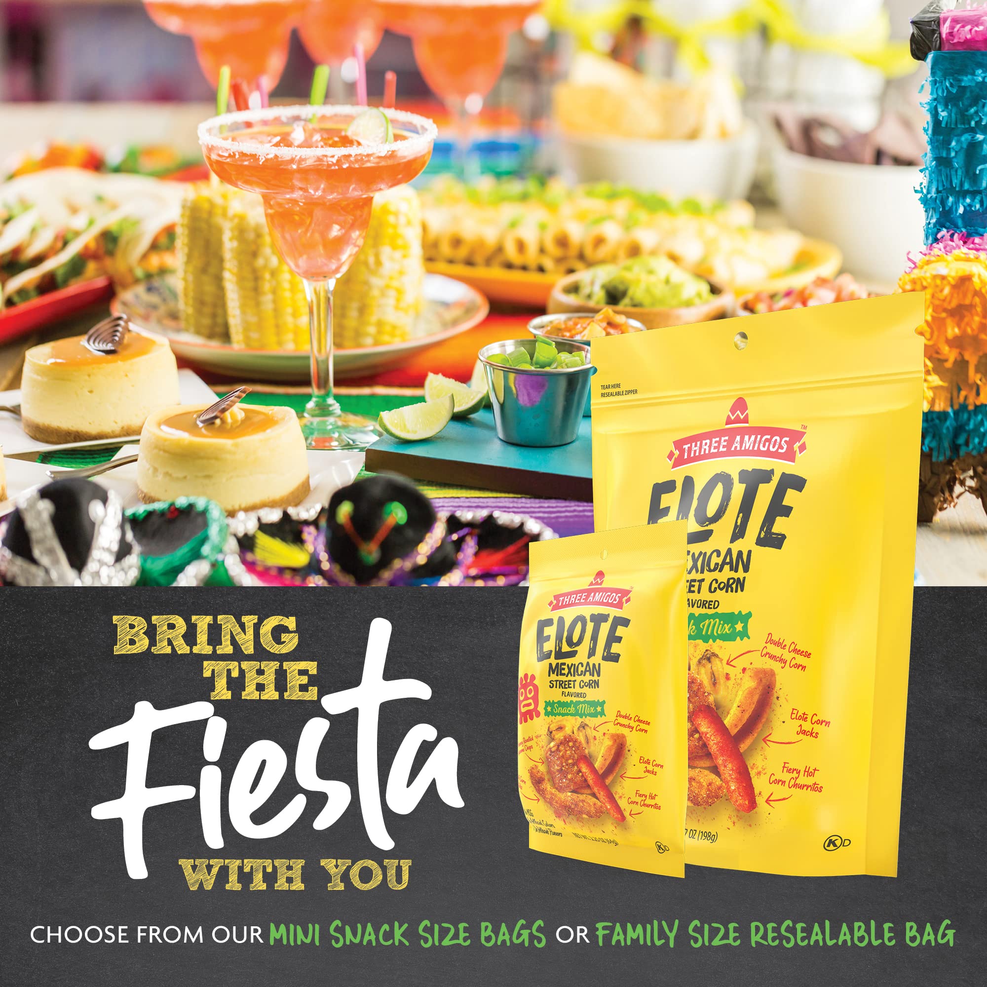 Three Amigos - Elote Mexican Street Corn Snack Mix- Deliciously Crunchy, Tangy, Hot, Sweet & Spicy Snacks - Gourmet Roasted Variety Food Snacks