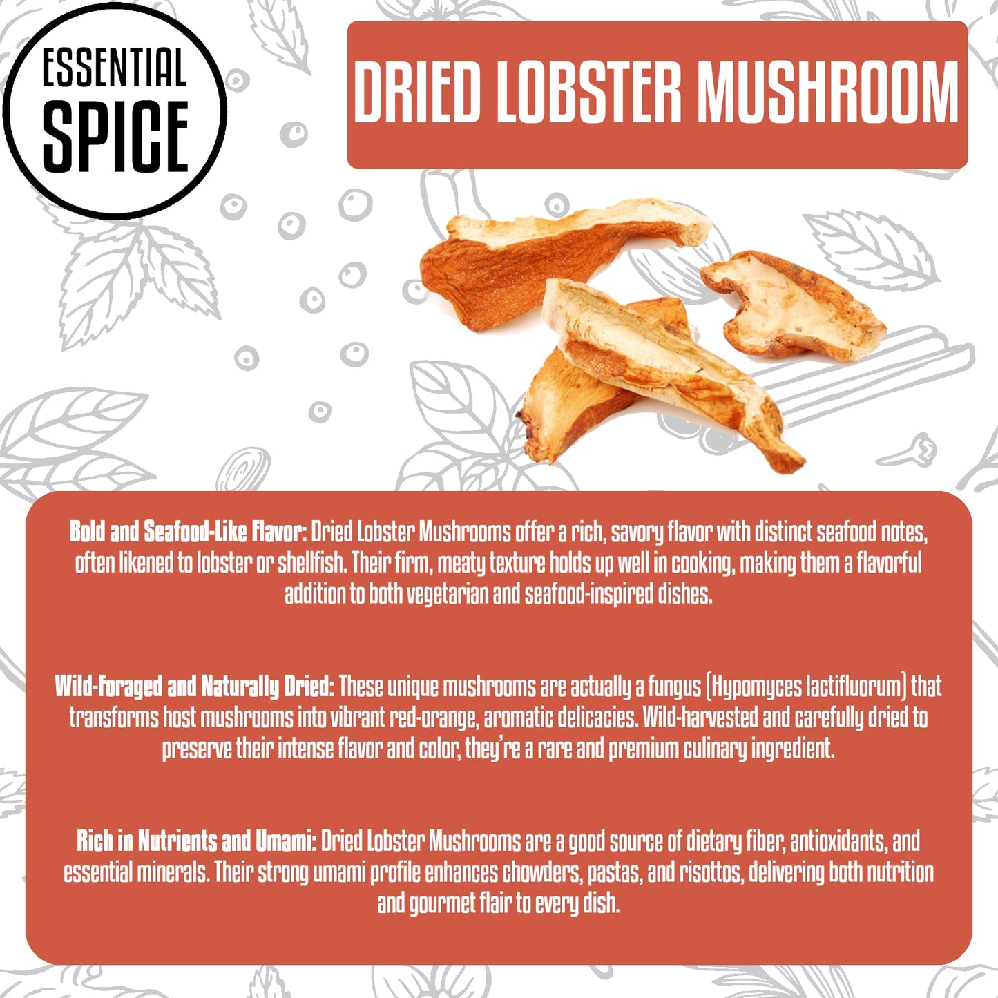 Essential Spice Dried Lobster Mushrooms - Whole, Bold Seafood-Like Umami Flavor - Ideal for Chowders, Risottos, Pasta & Cream Sauces - Easy