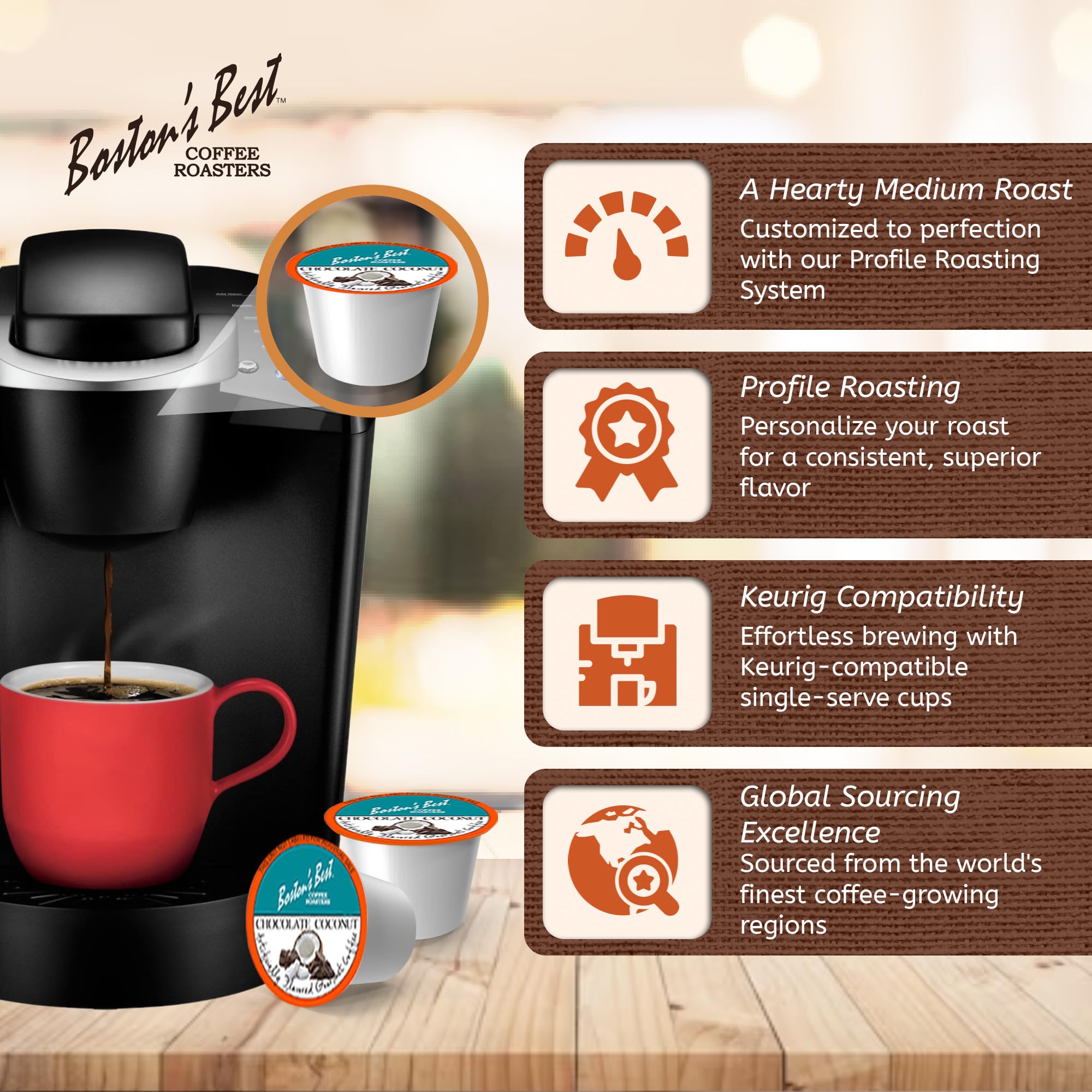 Boston’s Best - Chocolate Coconut Flavored Dessert Gourmet Coffee Compatible with Keurig Coffee Maker, 1 Count (42 Single Serve Medium Roast Cups)