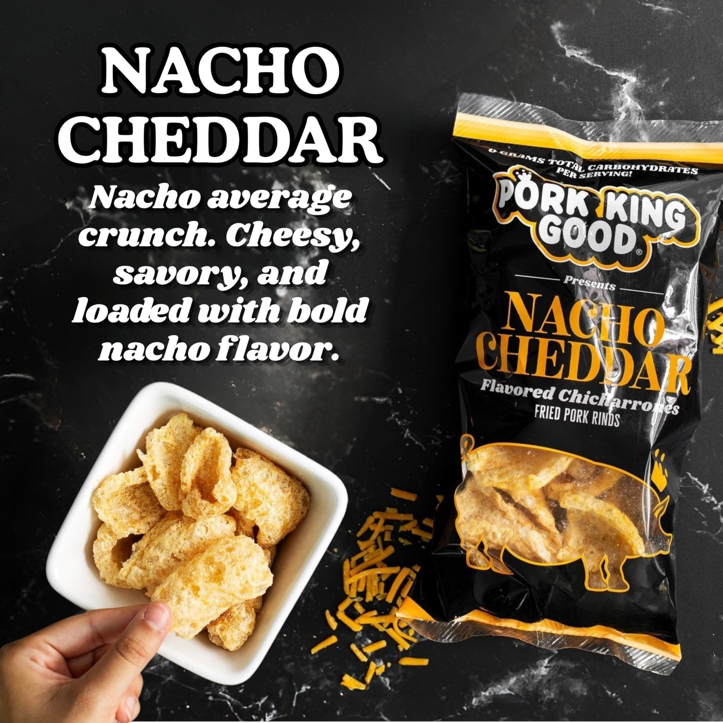 Pork King Good Nacho Cheddar Pork Rinds 7 OZ FAMILY SIZE (Chicharrones - Keto Snacks)