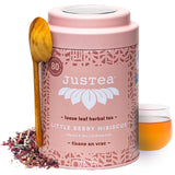 JusTea LITTLE BERRY HIBISCUS | Loose Leaf Herbal Tea | Tin with Hand Carved Tea Spoon | 40+ Cups (3.2oz) | Caffeine Free | Award-Winning | Fair Trade