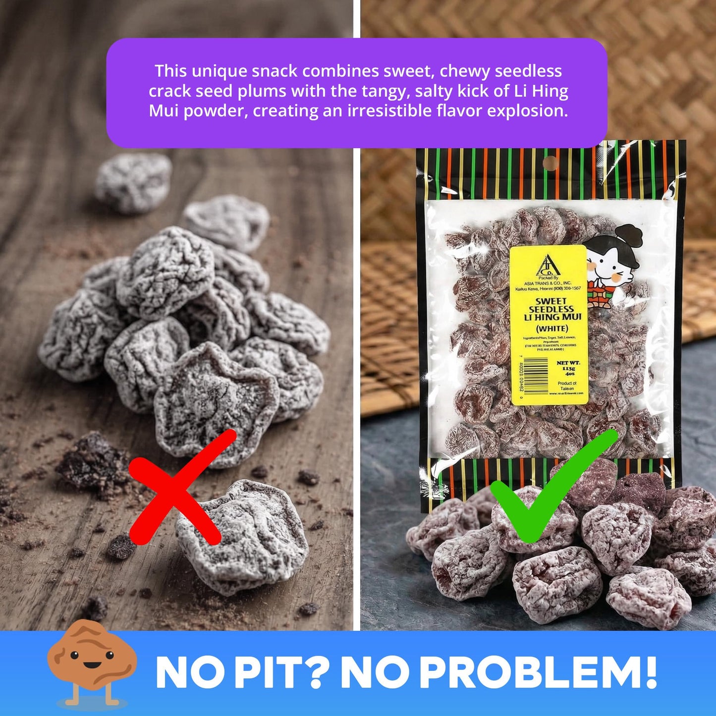 Asia Trans Sweet Seedless Crack Seed Plums | Chewy Li Hing Mui Candy - Tangy Chinese Dried Plum For Hawaiian Snacks Cravings - 4 Oz