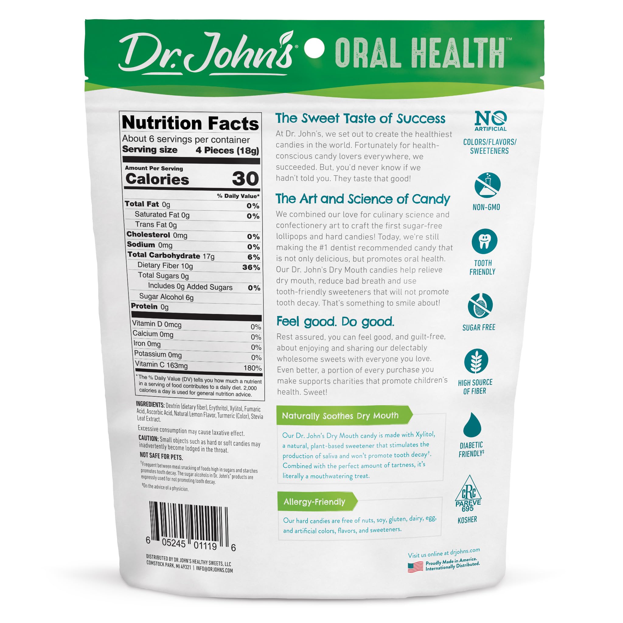 Dr. John’s Oral Health Sugar Free Candy, Healthy Dry Mouth Drops with Zero Sugar, Low Calorie Snacks, Keto Friendly Hard Candy Sweets, Lemon, 24