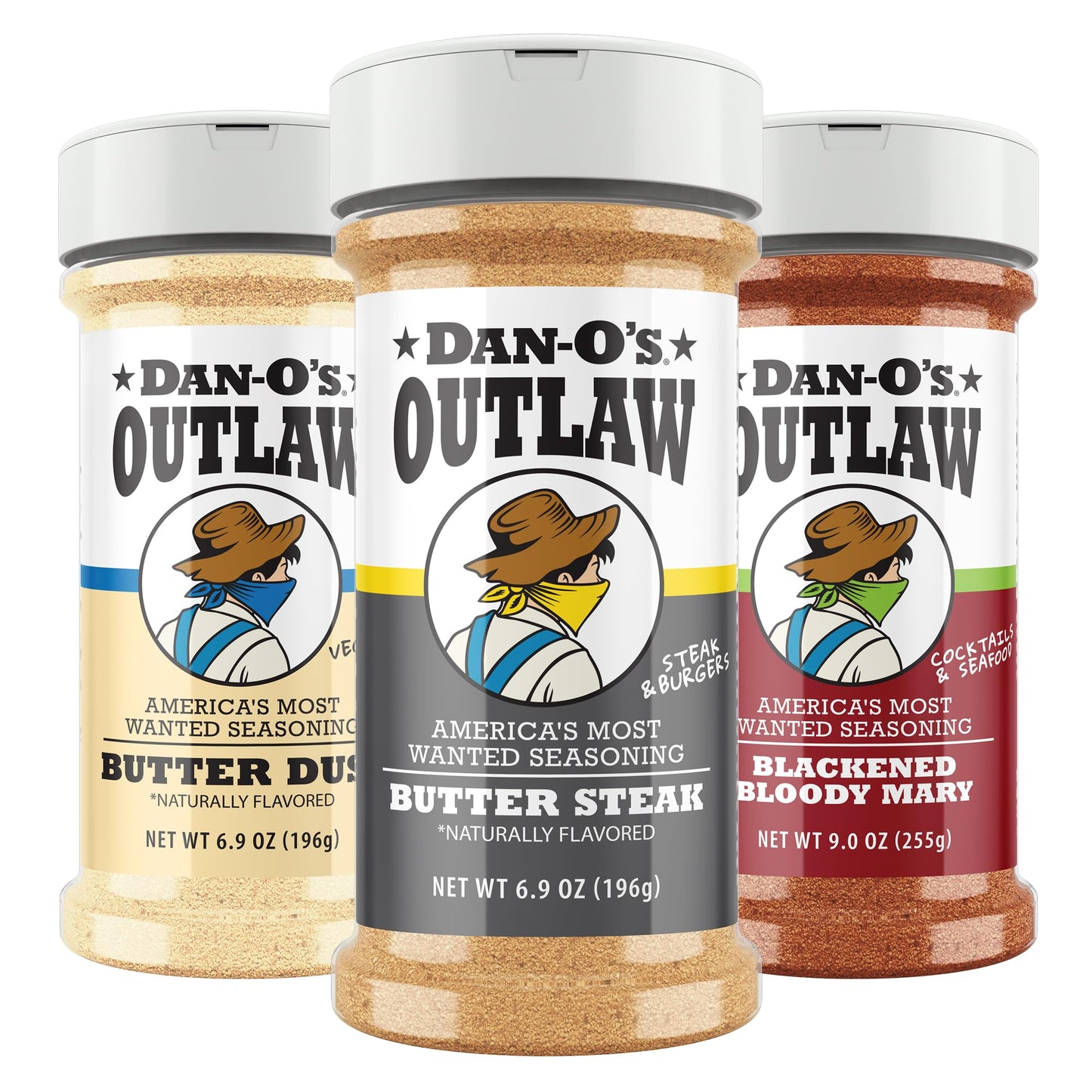 Dan-O’s Outlaw Seasoning Variety Pack - 3 Bottle Set - Butter Dust, Butter Steak & Blackened Bloody Mary - Bold Buttery & Blackened Spice Blends