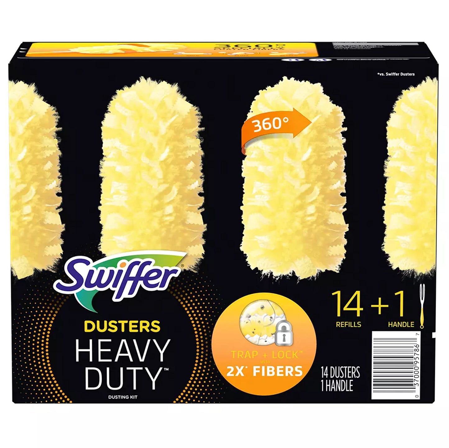 Swiffer 360 duster handle with refills, plastic handle, fleece fiber head, yellow, 14 count