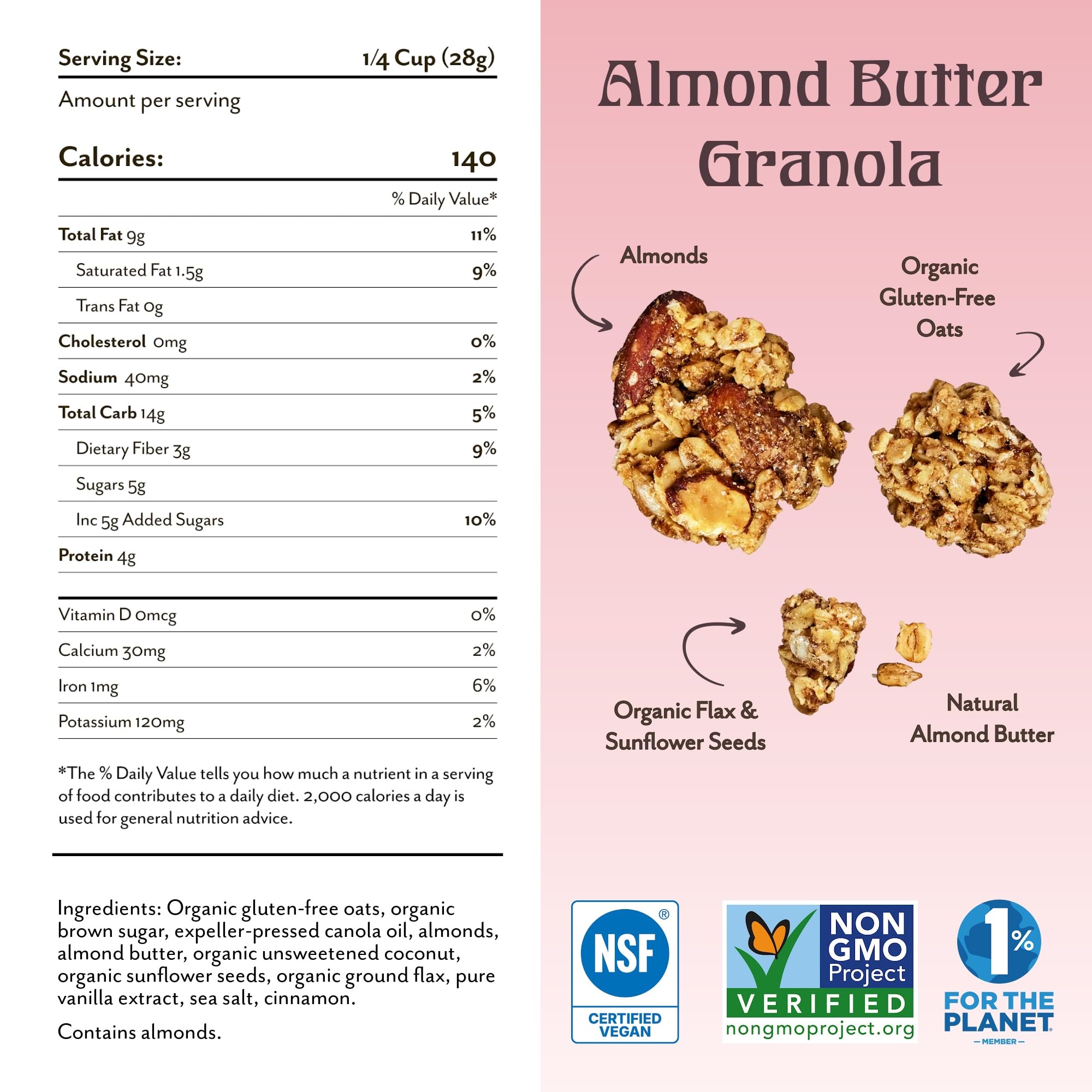 Michele's Granola - Almond Butter - Handmade Non-GMO Whole Grain Oats - Free of Gluten, Soy, Wheat, & Dairy