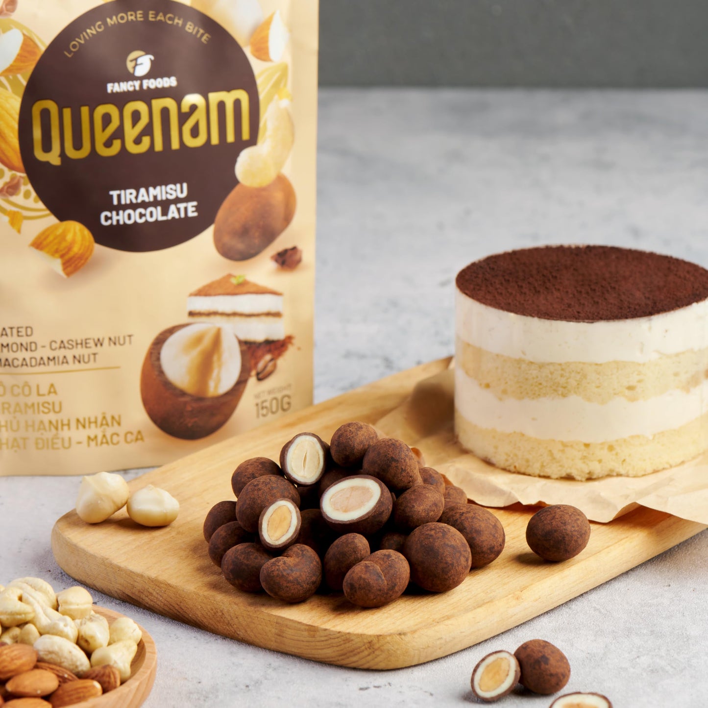 Queenam Premium Vietnamese Chocolate Flavored Nuts - Natural Fruit Flavor Healthy Snack with Almond, Macadamia & Cashew (Tiramisu Flavor)