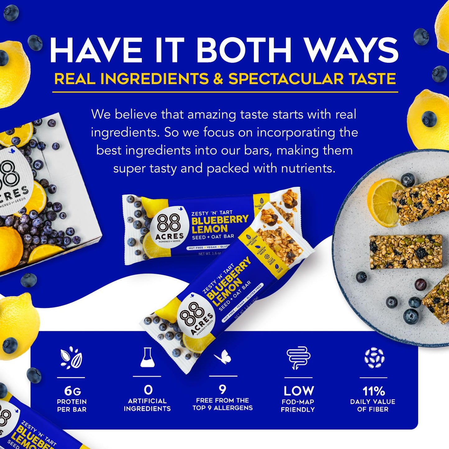88 Acres Granola Bars, Blueberry Lemon, 12 Count, School Safe, Allergen Free Seed & Oat Snack Bar, Gluten & Nut Free, Vegan, Non-GMO & Kosher