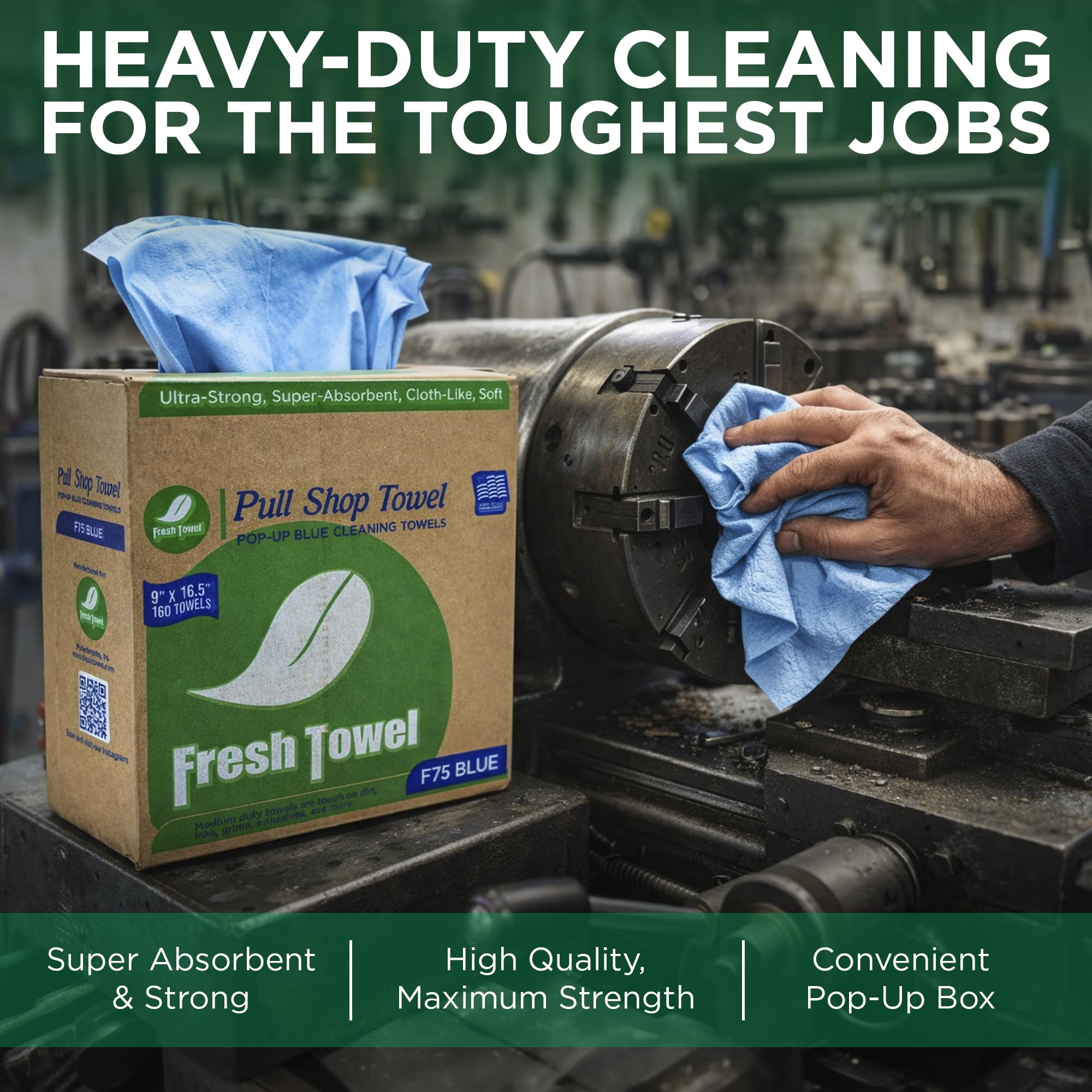Fresh Towel Pop-Up Shop Towels - Medium Duty Blue Disposable Cleaning Cloths, 9" x 16.5" - 1 Box of 160 Soft, Absorbent Wipes for Garage, Janitorial