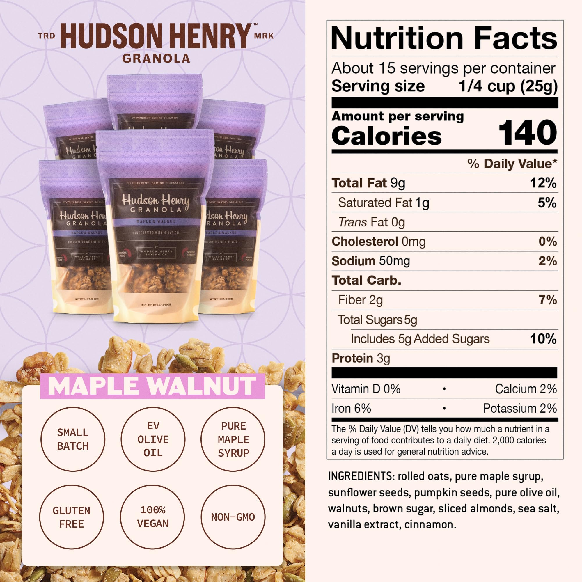 Hudson Henry Maple Walnut Granola | Gluten Free Granola with Nuts and Seeds | Vegan, Non-GMO & Small Batch Baked with Pure Maple Syrup & Extra Virgin