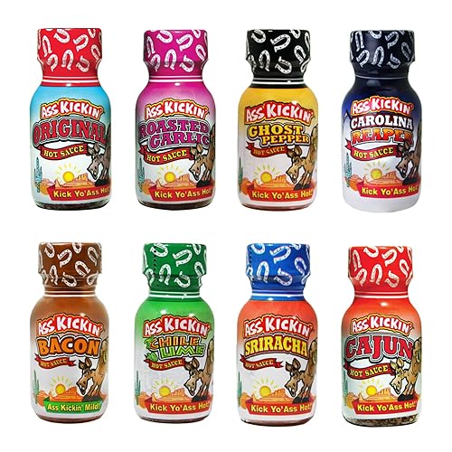 ASS KICKIN' Premium Hot Sauce Travel Size Mini Bottles - 8 Pack Gift Set With .75 oz Bottles - Perfect Christmas Gifts for Hot Sauce Fans