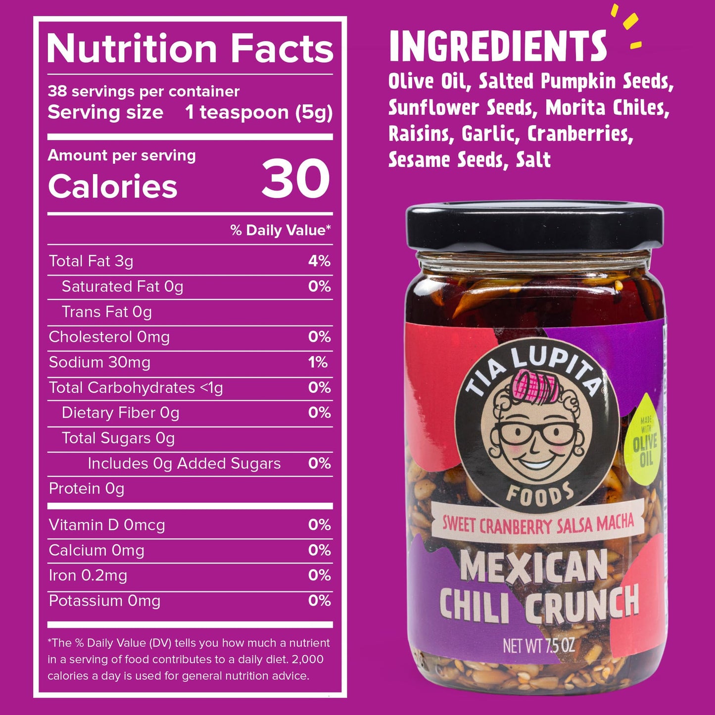 Tia Lupita Mexican Chili Crunch Cranberry - Salsa Macha, Crunchy Morita Chili Oil | Gluten-Free, Non-GMO, Vegan | 7.5 Oz (Pack of 2)