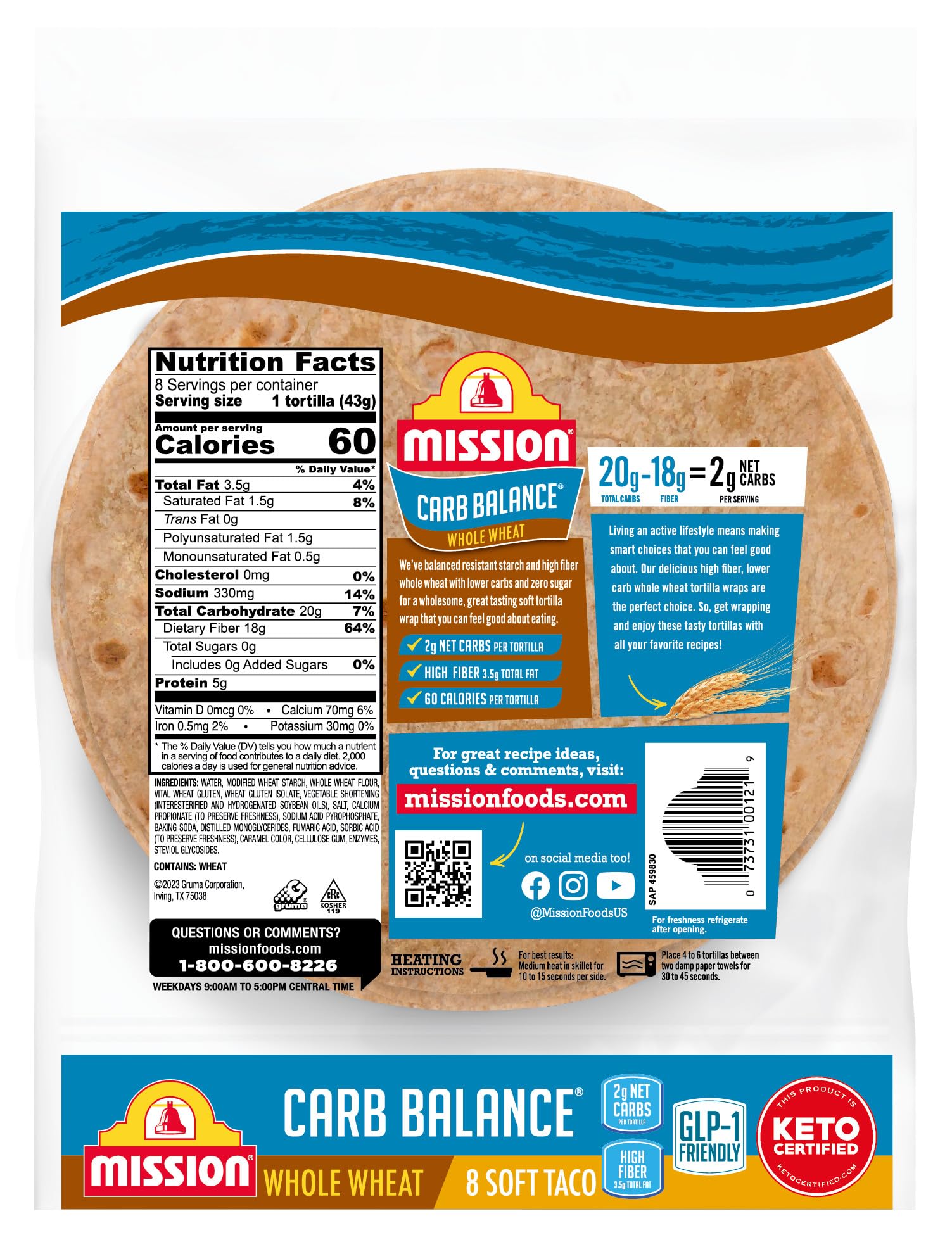 Mission Carb Balance Soft Taco Whole Wheat Tortillas, Medium Size, 8 Count, Low Carb, Keto, Whole Grains, High Fiber, No Sugar