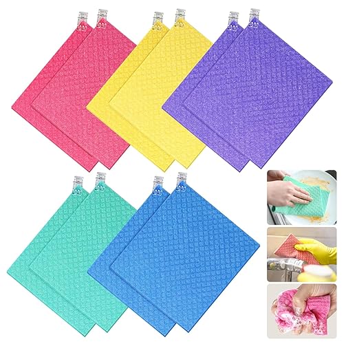 TAOTOP 10 Pack Swedish Dishcloths, Reusable Cellulose Sponge Cloths with Adhesive Clips, Swedish Dish Paper Towels No Odor for Cleaning Home Kitchen