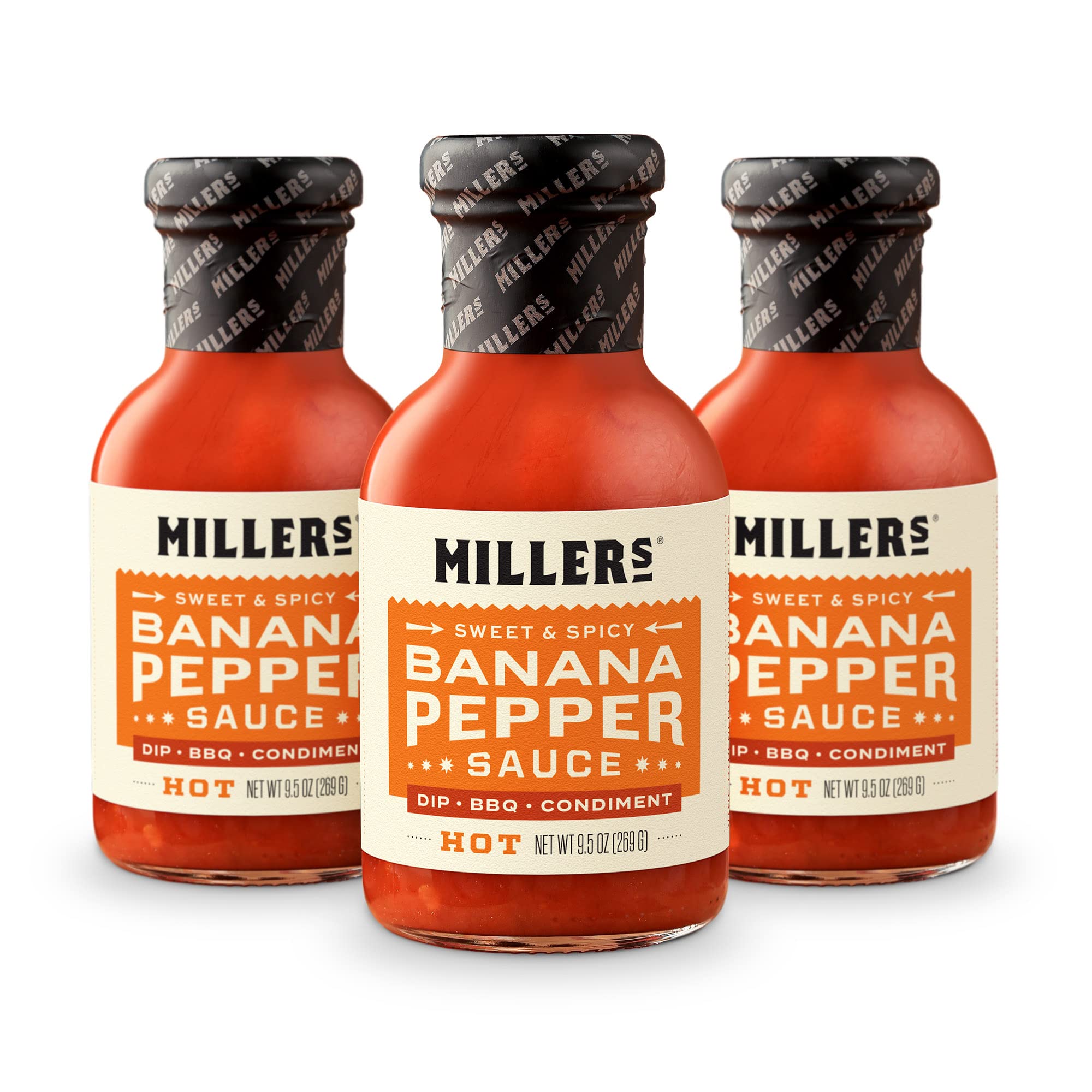 Miller's Banana Pepper Sauce - Red Banana Pepper Hot Sauce, Sweet Spicy Banana Pepper Sauce - Best Use for Chicken Wing, Burgers, Sandwich, Non-GMO