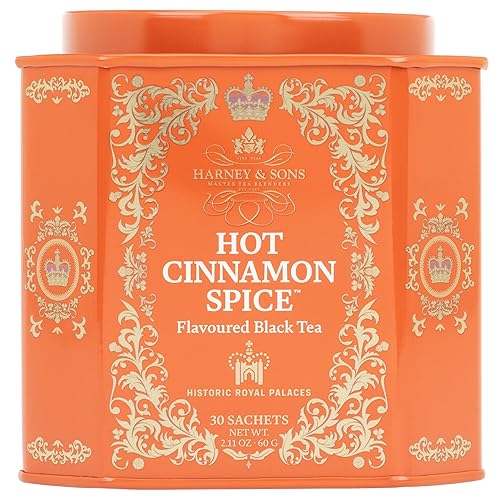 Harney & Sons Hot Cinnamon Spice Tea | Tin of 30 Sachets of Spicy Black Tea with Orange Peel