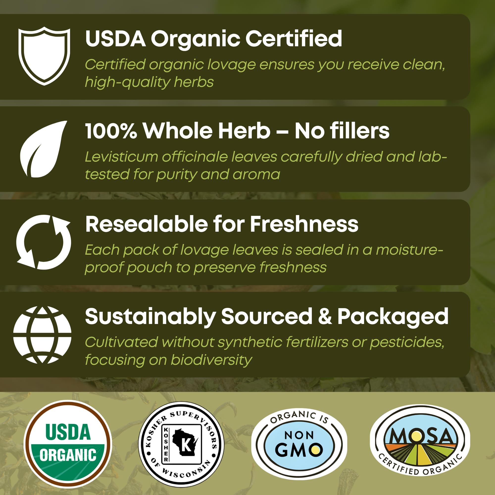 Biokoma Organic Lovage Dried Leaves 50g 1.76oz Pure Cut Herb Levisticum officinale USDA Organic Herbal Tea Digestion & Urinary Health Resealable