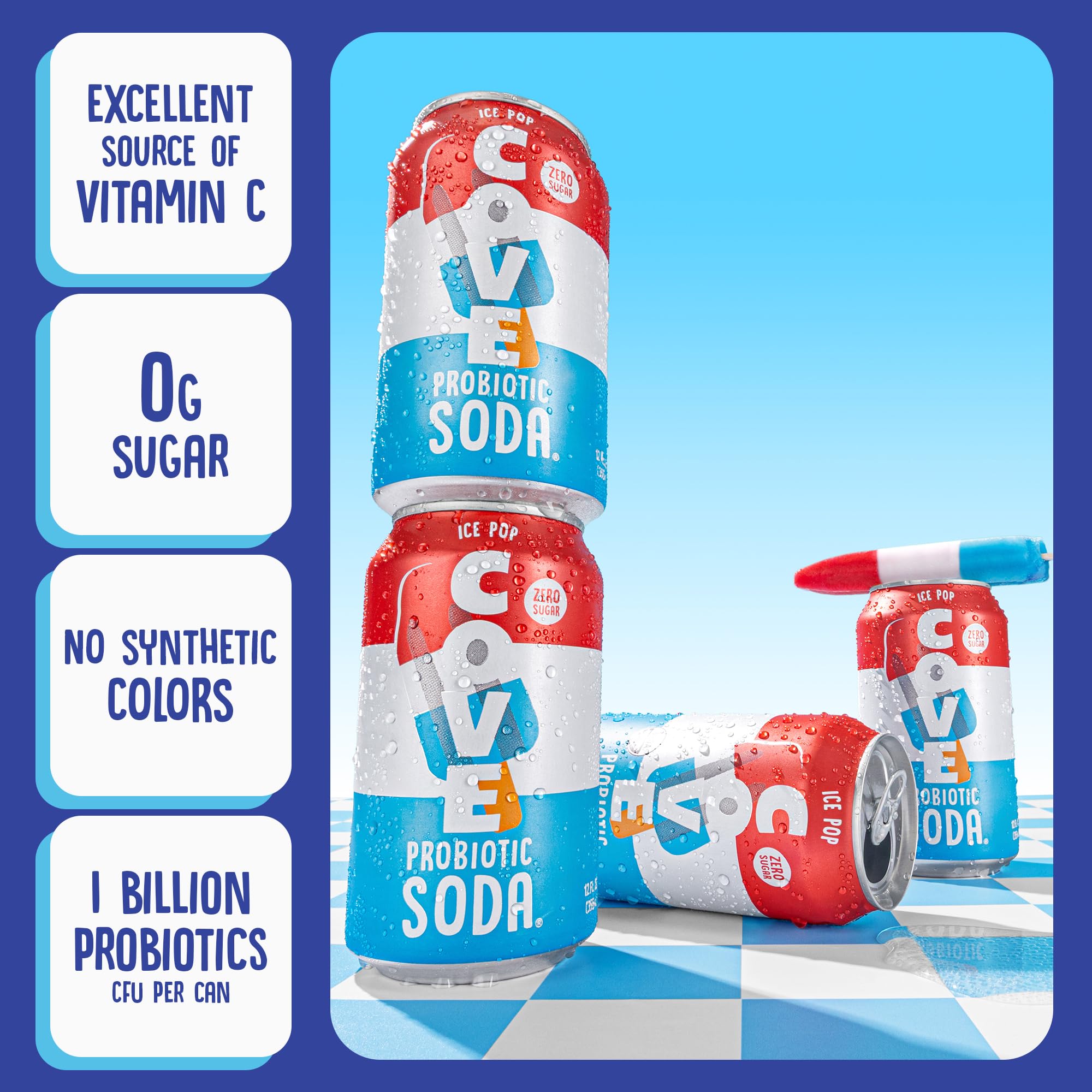 Cove Probiotic Soda, Zero Sugar Better-For-You Alternative - Refreshing, Delicious Probiotic Drink, No Synthetic Colors & Caffeine Free - Ice Pop, 12