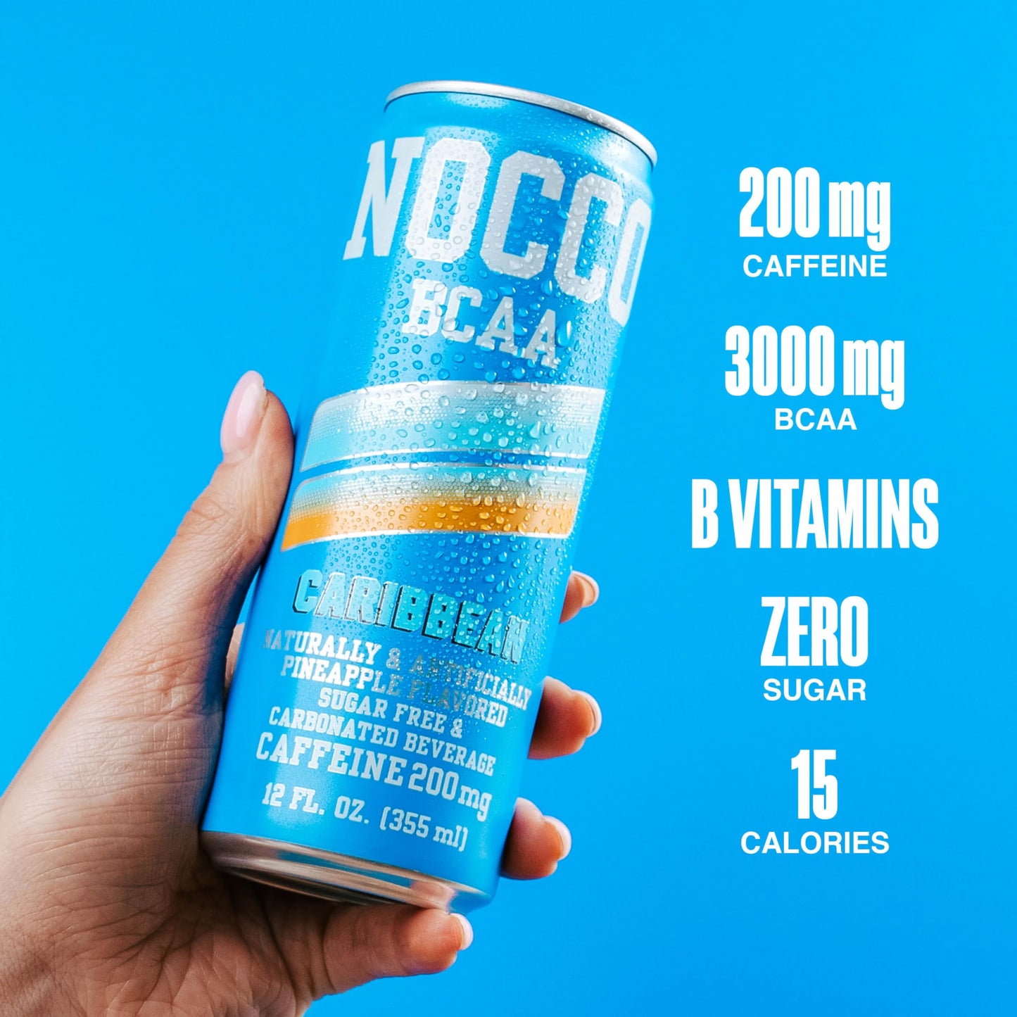 NOCCO Zero Sugar Energy Drink, Caribbean - 12 Fl Oz (Pack of 12) - 180mg Caffeine, Sugar Free with BCAAs - Branched Chain Amino Acids, Carbonated