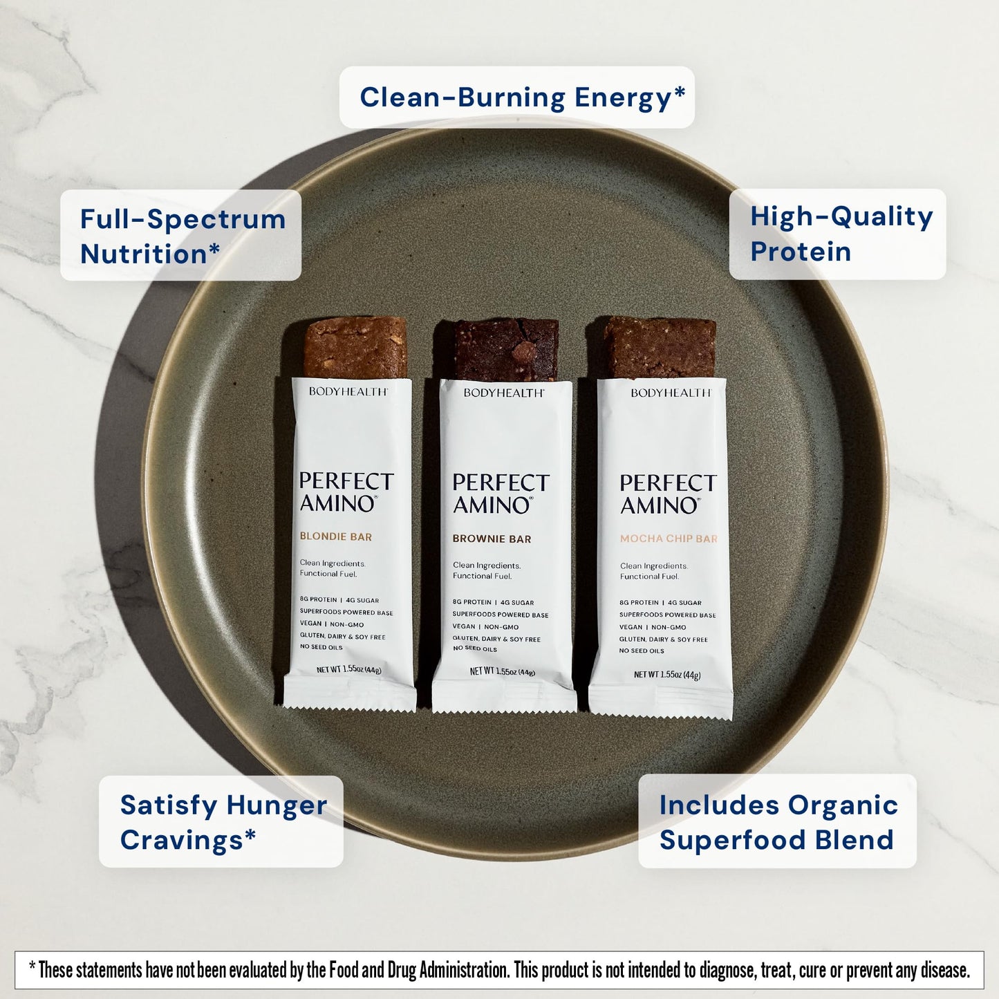 BodyHealth PerfectAmino Bar - Protein Energy Snack with 8g Protein, Plant-Based MCTs, Superfood Blend, Non-GMO, Gluten, Dairy & Soy Free (Brownie, 12
