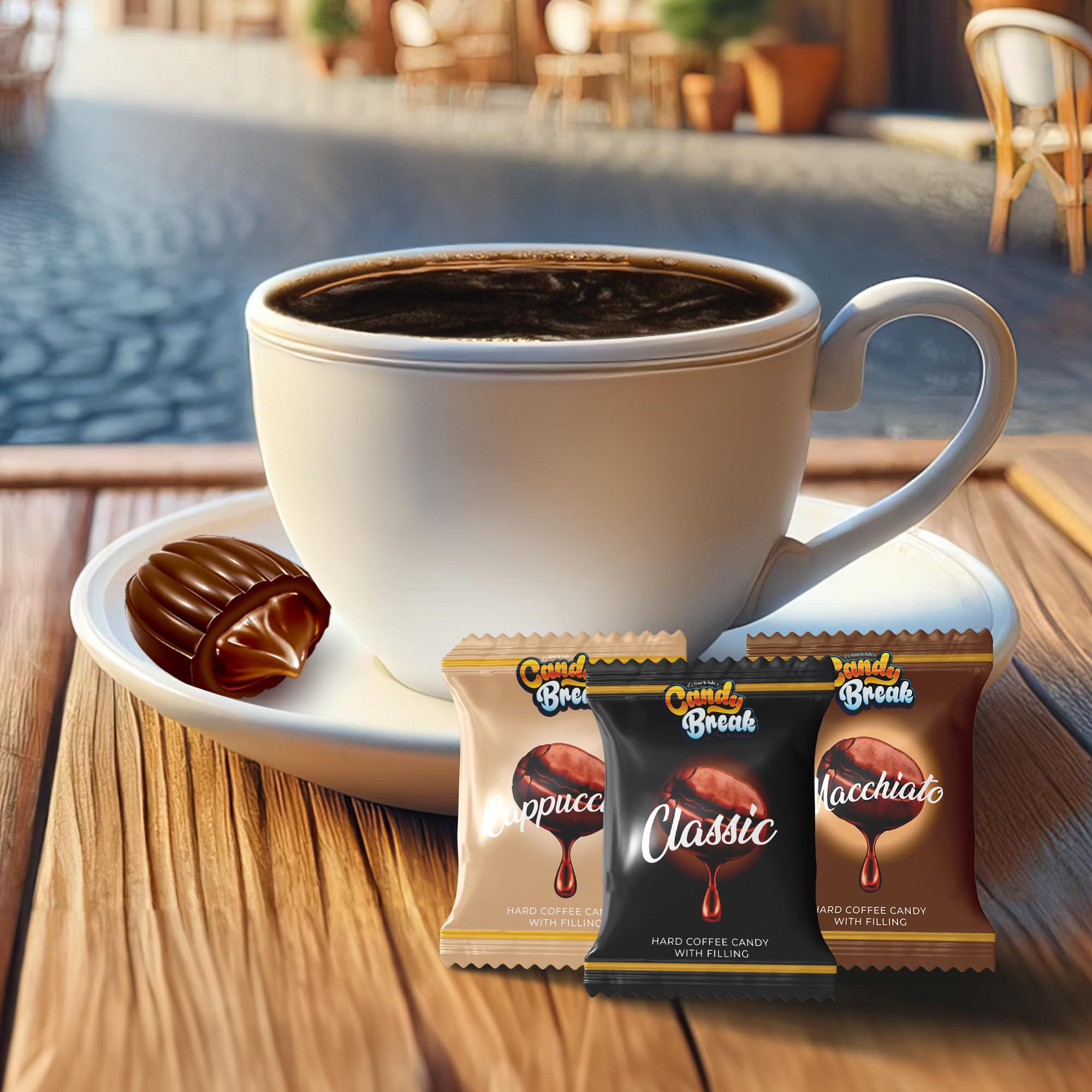 Candy Break Coffee Drops, Center-Filled Hard Candy | Espresso, Macchiato & Cappuccino Flavors | Individually Wrapped Caffeinated Candy | 2.2 lb Bulk