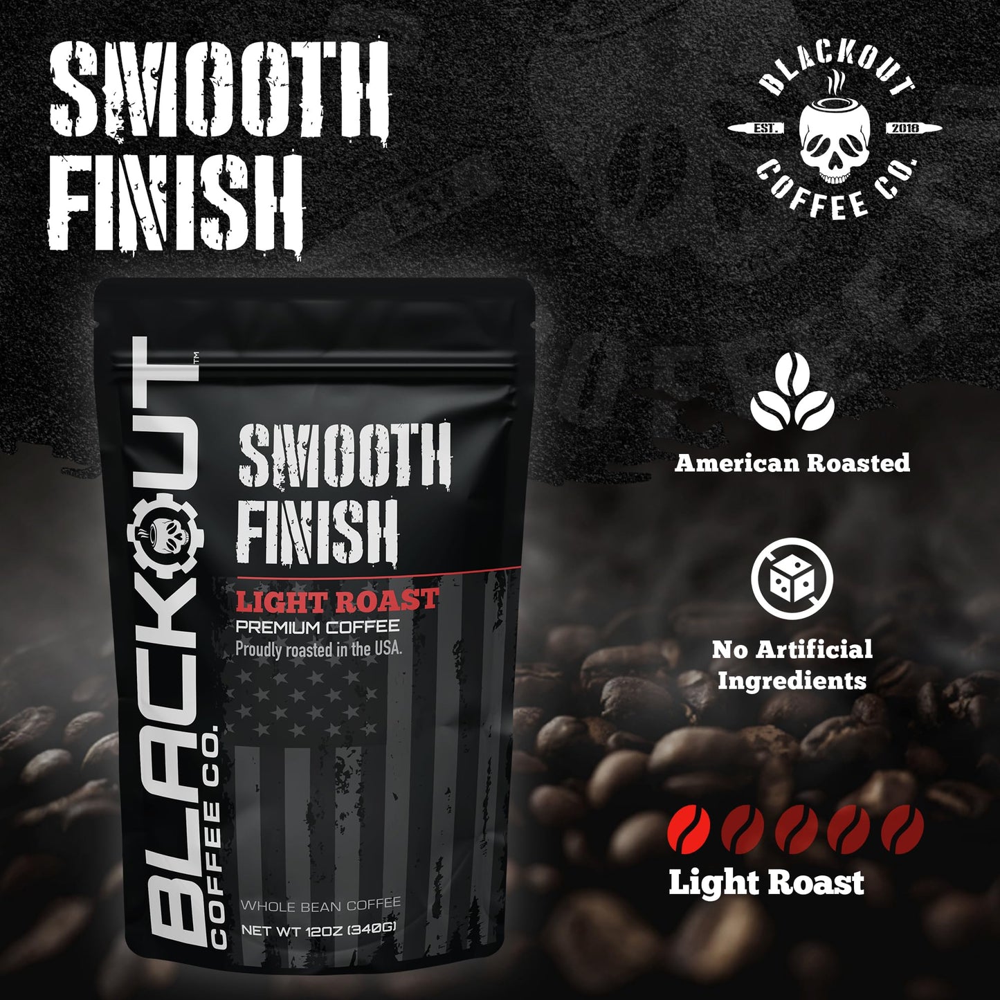 Blackout Coffee Smooth Finish Whole Bean Coffee - Light Roast, Bright & Smooth Taste - Freshly Roasted 12oz Bag