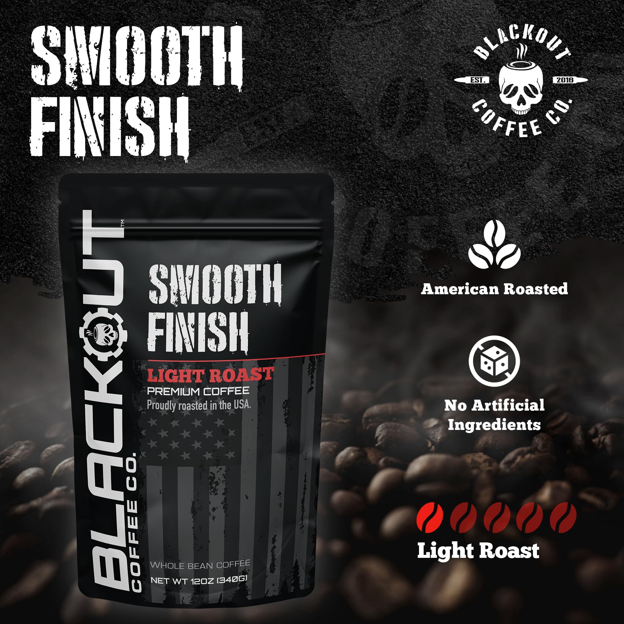 Blackout Coffee Smooth Finish Whole Bean Coffee - Light Roast, Bright & Smooth Taste - Freshly Roasted 12oz Bag