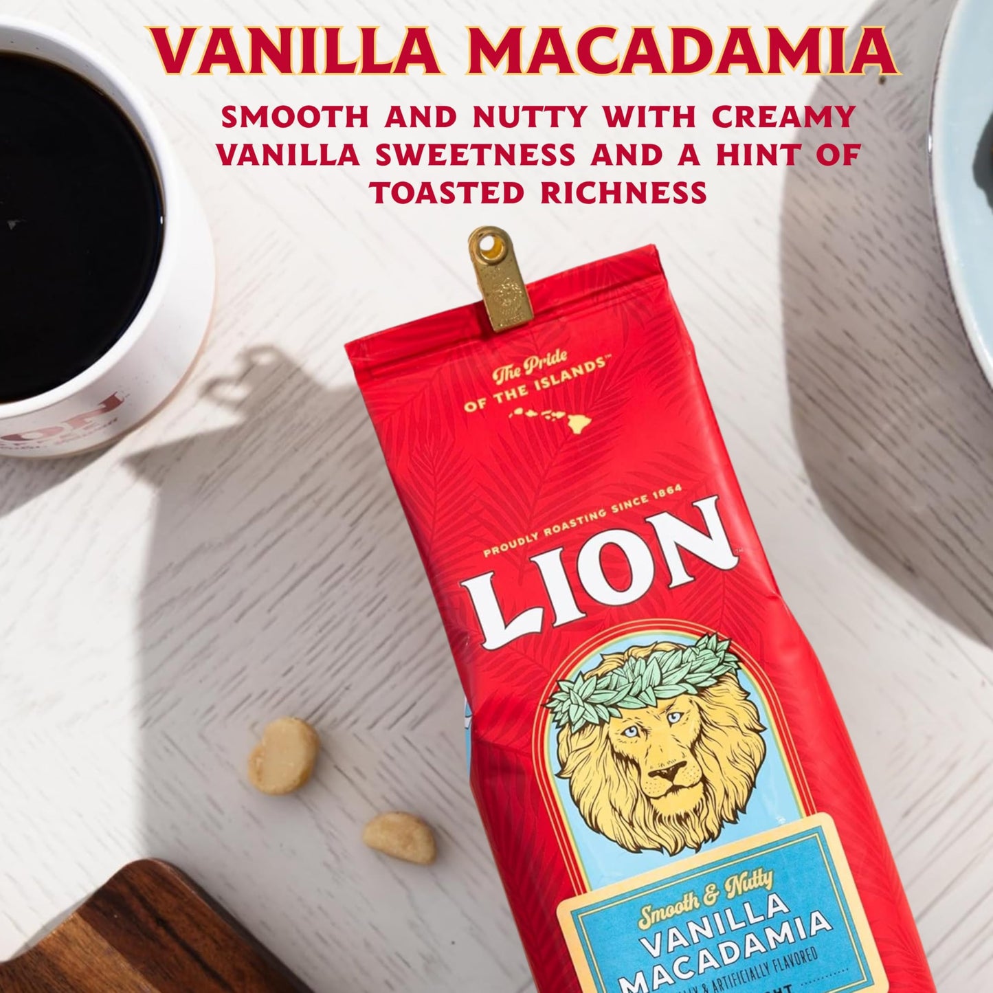 Lion Coffee Vanilla Macadamia Flavor, Arabica Coffee Beans, Light Roast Whole Bean Coffee, A Taste of Aloha, 24 Ounce Bag