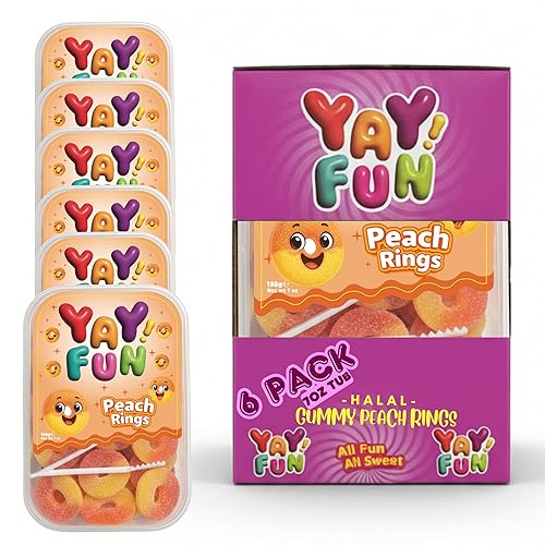 Halal Gummy Peach Rings | 6 Pack Bundle (6x7 oz Tubs) | Soft & Chewy Peach Ring Gummies | Resealable Tubs in Bulk with Display Box | Halal Bulk Gummy