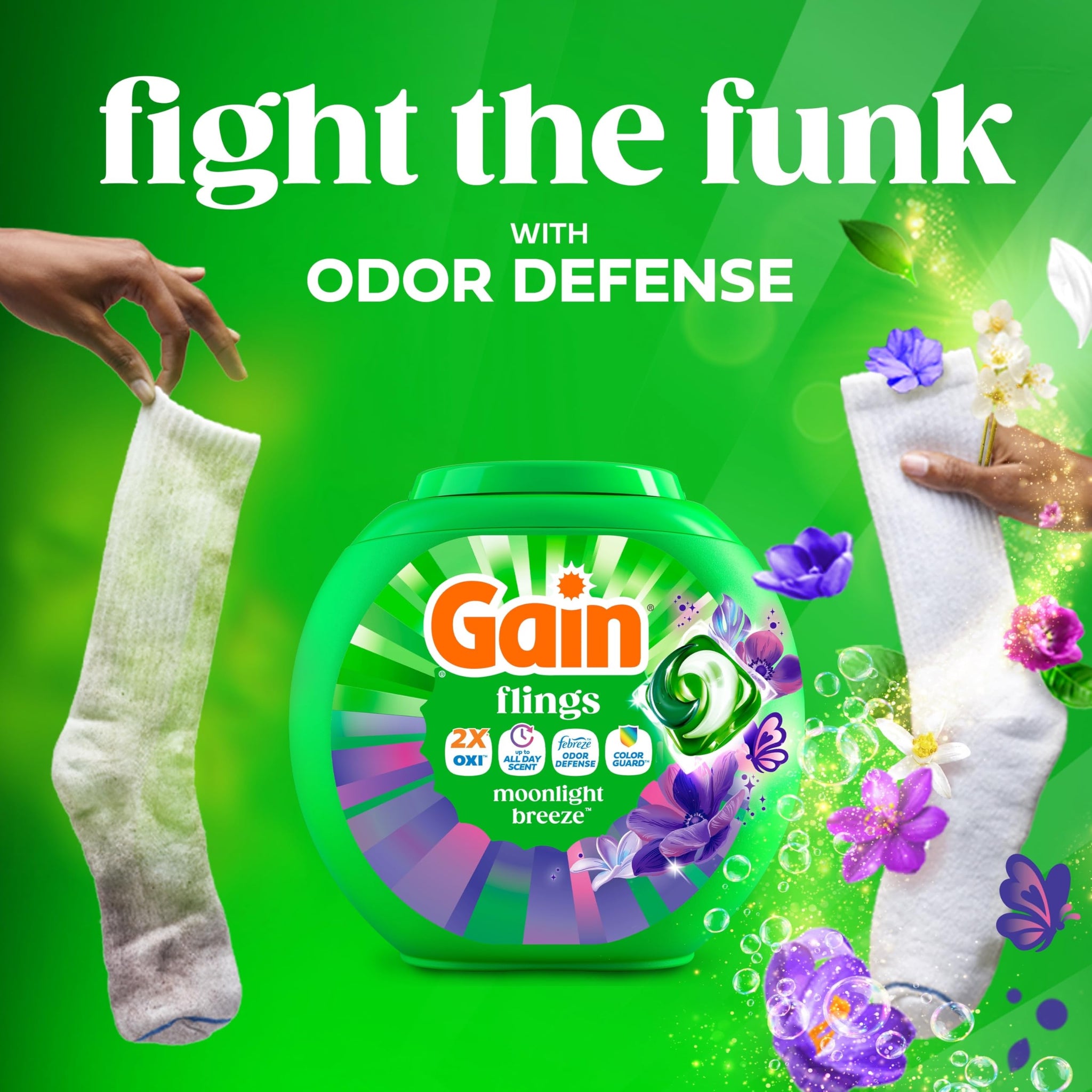Gain Flings Laundry Detergent Pods Odor Defense + Color Guard, Moonlight Breeze Scent, 3 in 1 HE Detergent Pacs with Oxi Boost and Febreeze, 112 Count