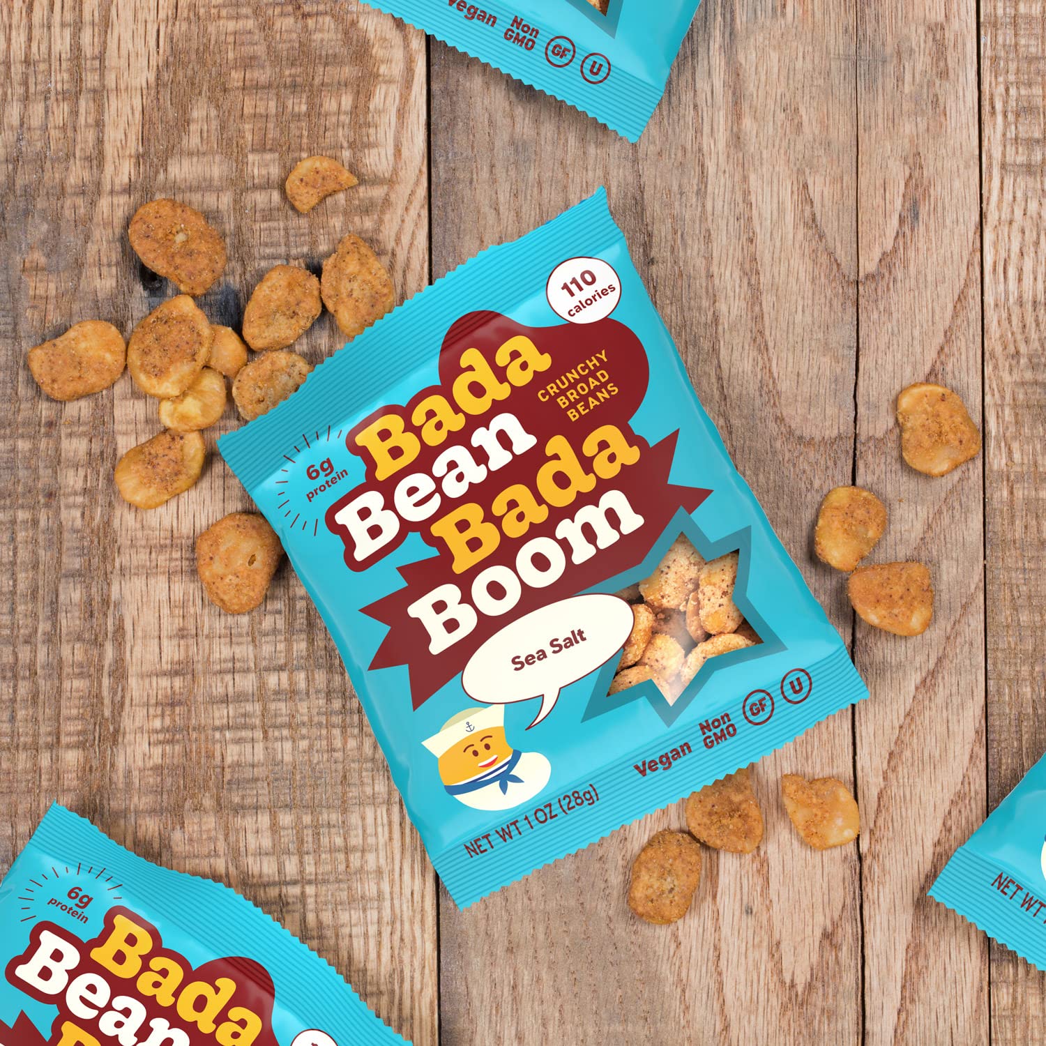 Enlightened Bada Bean Bada Boom - Plant-Based Protein, Gluten Free, Vegan, Crunchy Roasted Broad (Fava) Bean Snacks, 100 Calories per Serving, Sea